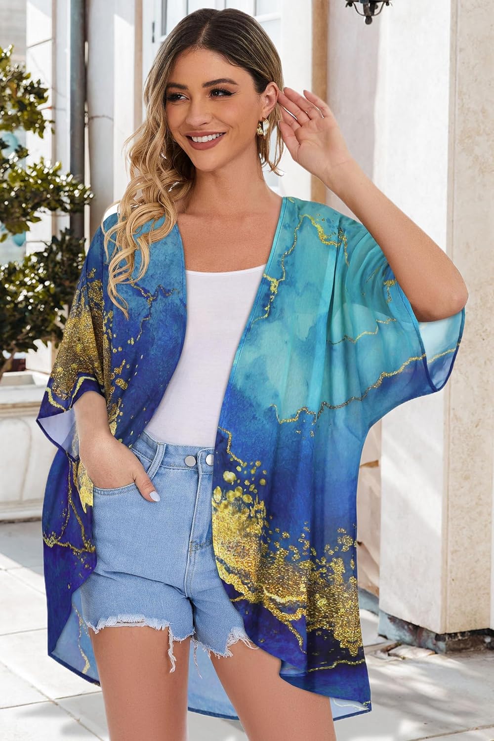 Women's Floral Print Puff Sleeve Kimono Cardigan Loose Cover Up Casual Blouse Tops