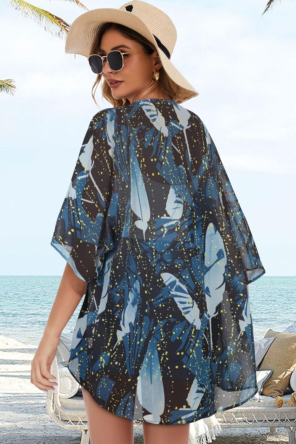 Women's Floral Print Puff Sleeve Kimono Cardigan Loose Cover Up Casual Blouse Tops