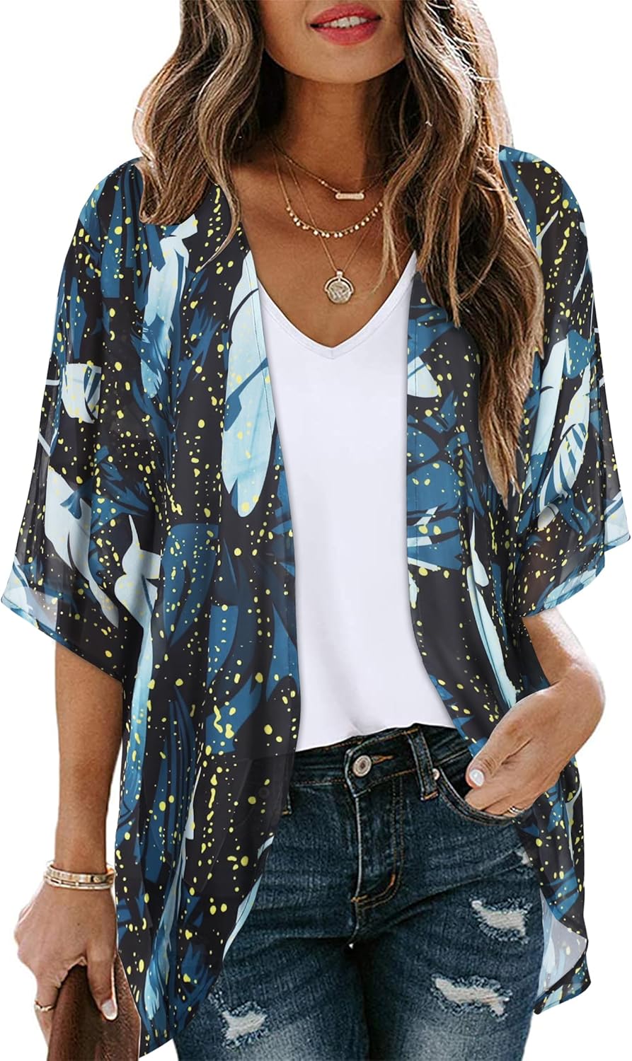 Women's Floral Print Puff Sleeve Kimono Cardigan Loose Cover Up Casual Blouse Tops
