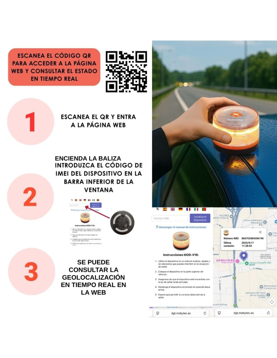 Baliza V16 con geolocalización 3.0 aprobada por la DGT, plan de datos incluido hasta 2038, base magnética IP54 resistente al agua, visible 360º, cumple normativa 2026, luz LED coche obligatoria para señalizar averías