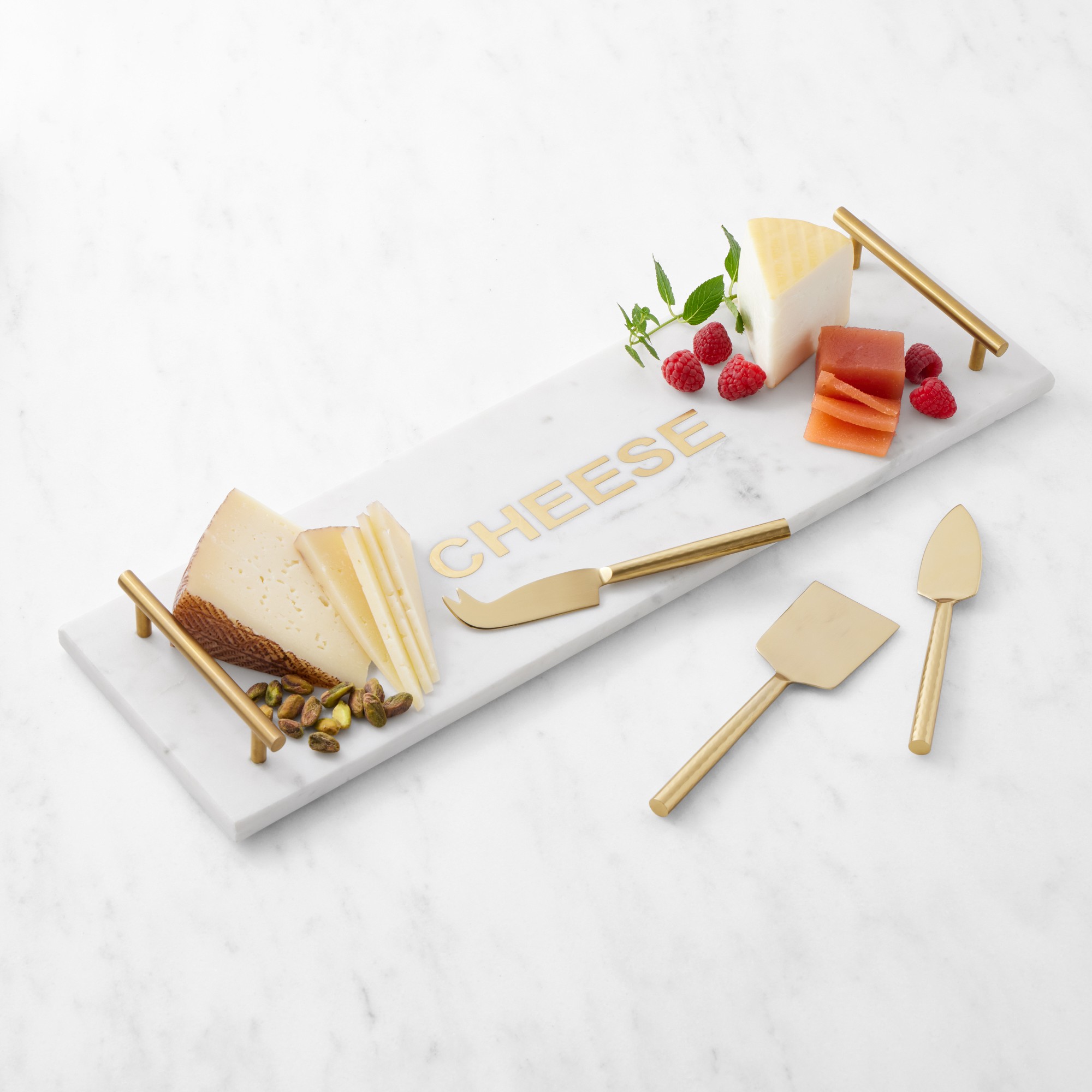 Marble & Brass Cheese Rectangular Board with Cheese Knives