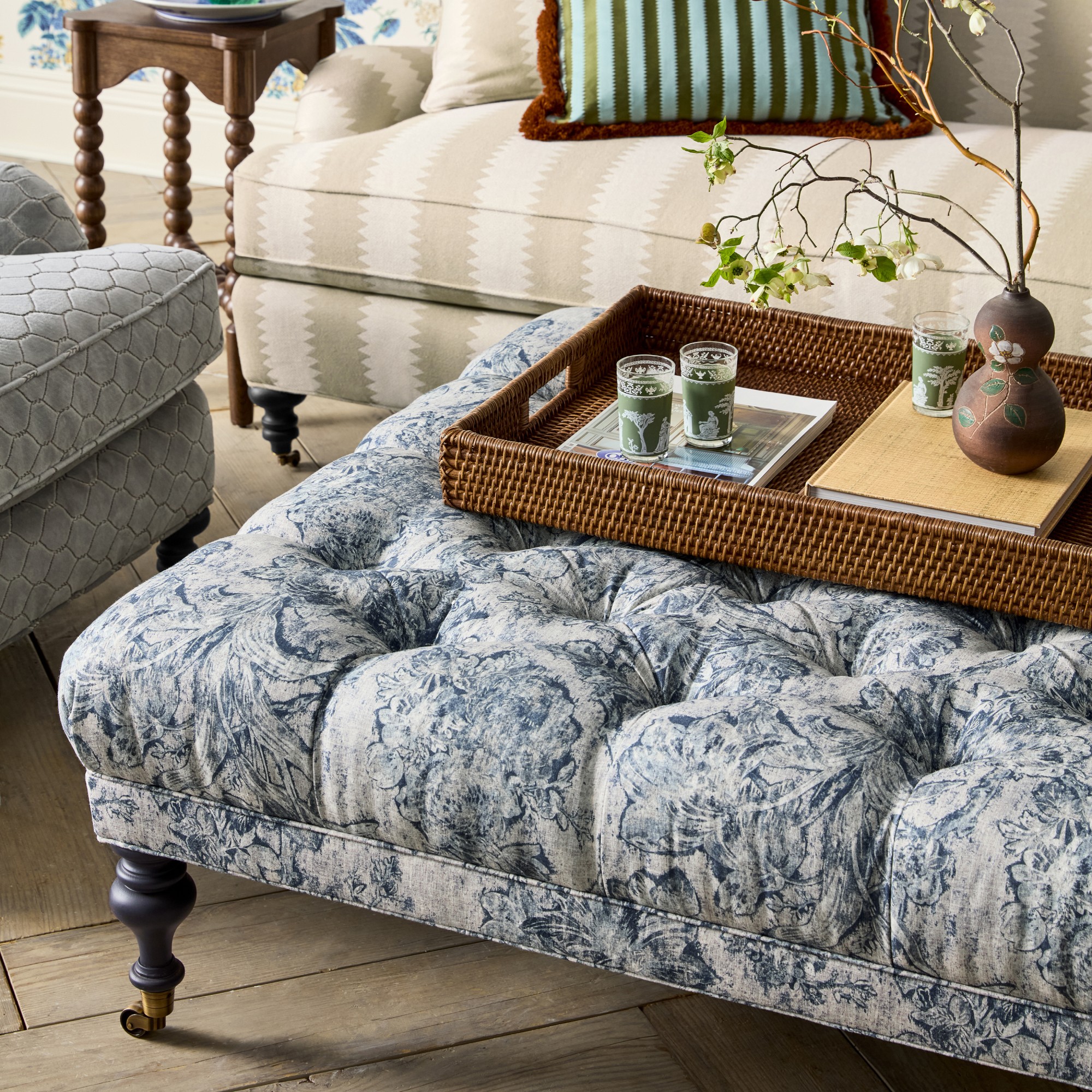 Sanderson x Giles Deacon Fairfax Bench Ottoman, Turned Leg with Tufted Top (26-61)