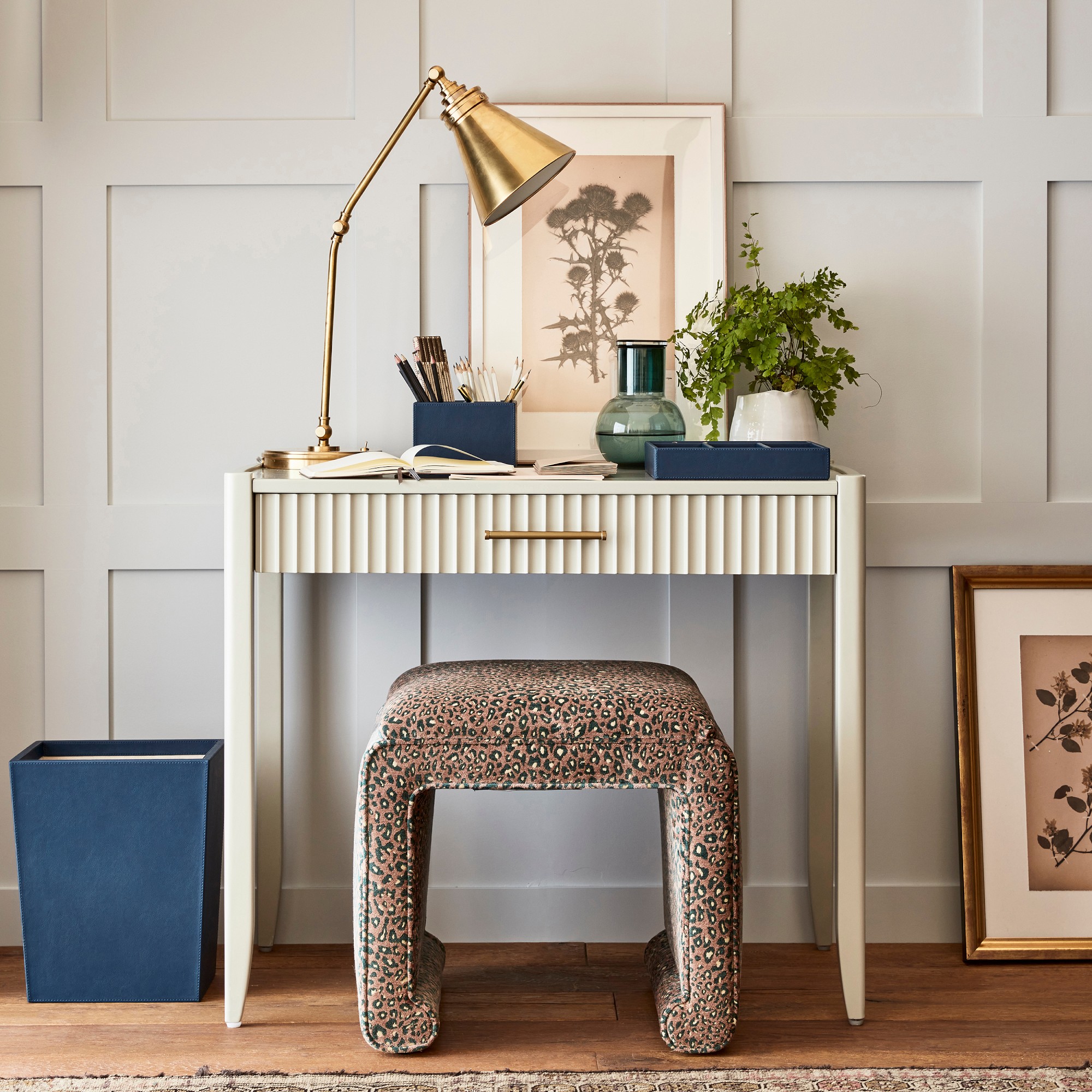 Blue Faux Leather Wastebasket