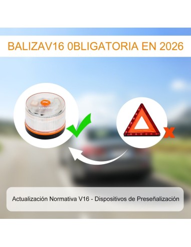 Baliza V16 con geolocalización 3.0 aprobada por la DGT, plan de datos incluido hasta 2038, base magnética IP54 resistente al agua, visible 360º, cumple normativa 2026, luz LED coche obligatoria para señalizar averías