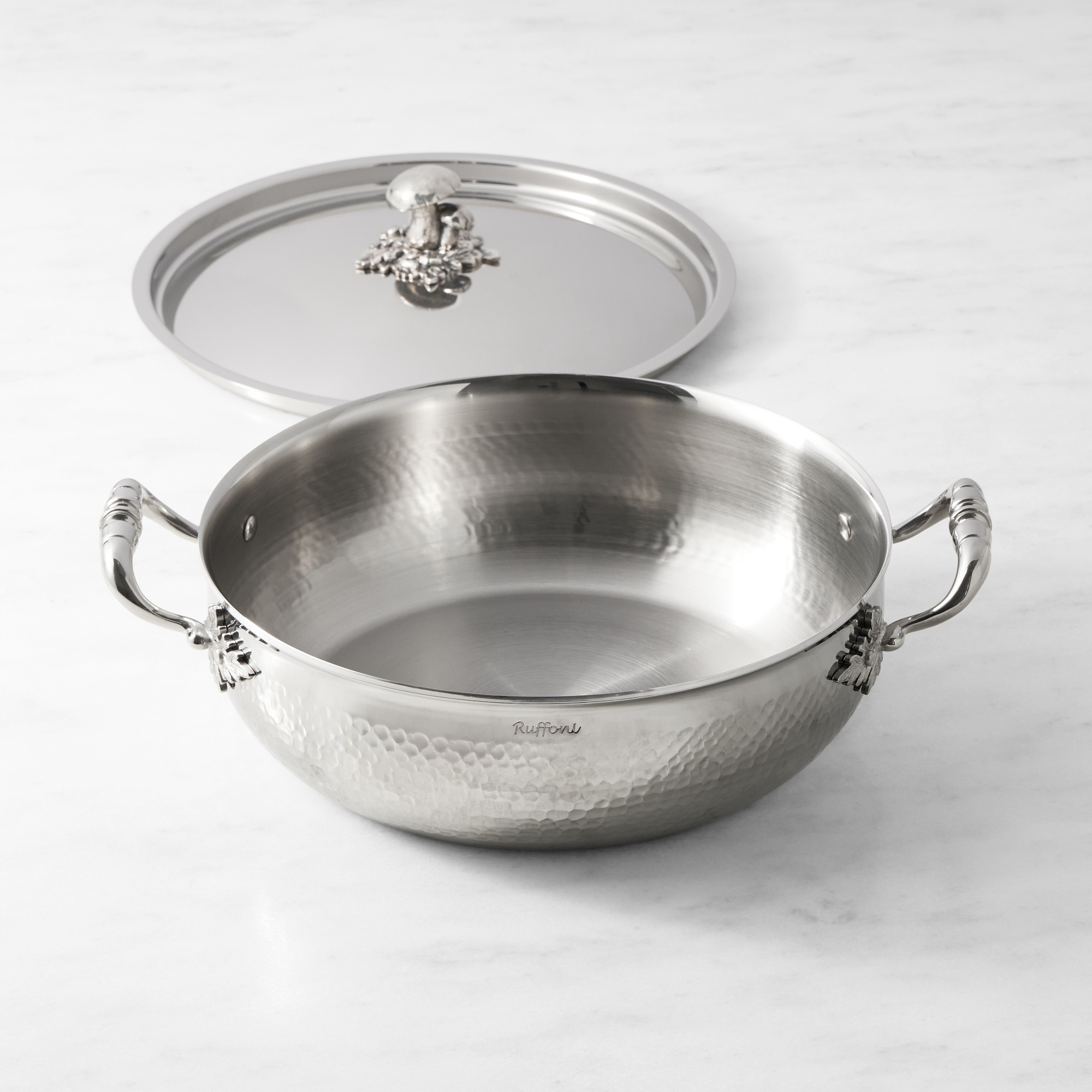 Ruffoni Opus Prima Hammered Stainless-Steel Risotto Pan with Mushroom Knob, 5 1/2-Qt.