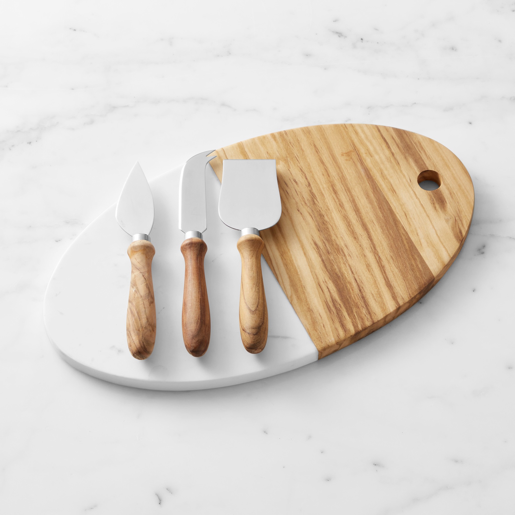 Olivewood & White Marble Cheese Board with Cheese Knives