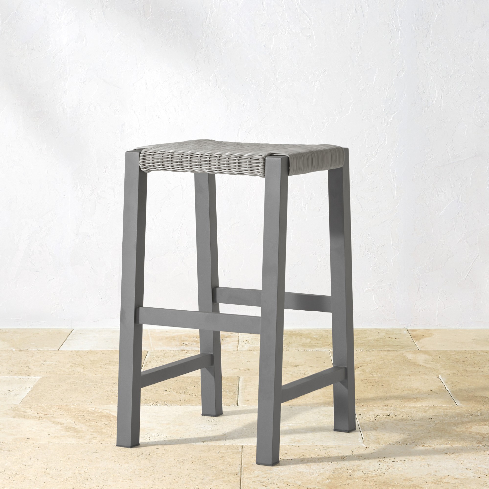 Larnaca Slate Grey Metal All-Weather Weave Backless Bar Stool
