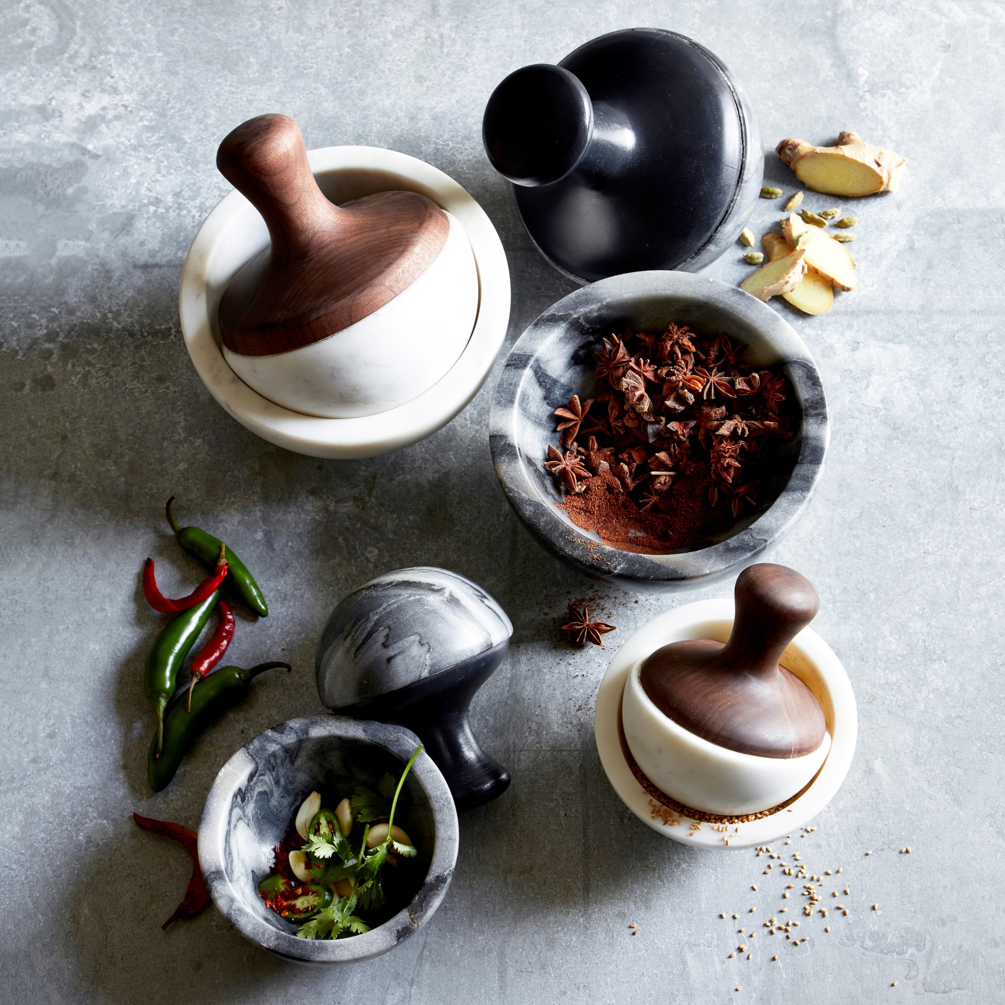 Williams Sonoma White Marble & Walnut Mortar & Pestle