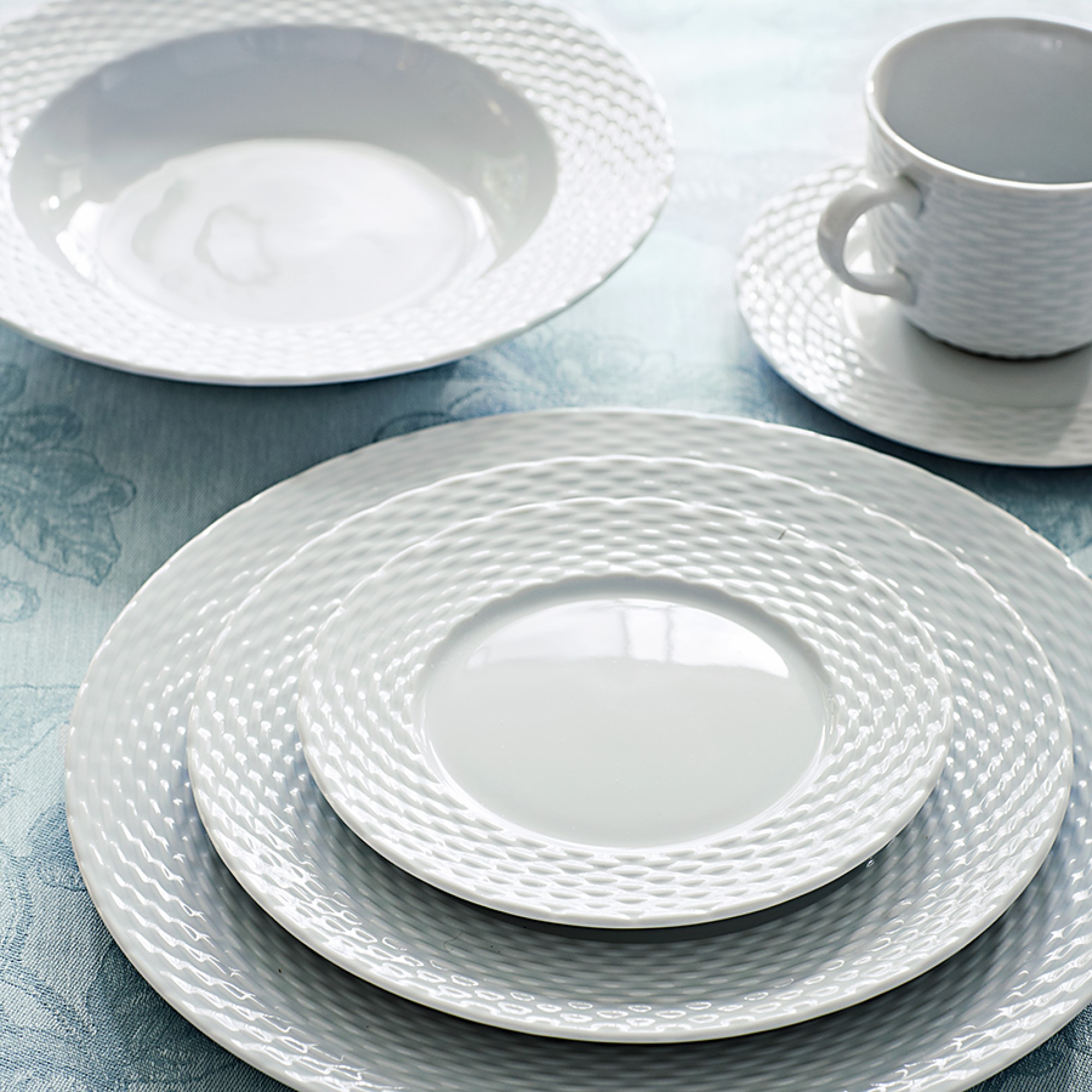 Pillivuyt Basketweave Porcelain Cups & Saucers, Set of 4