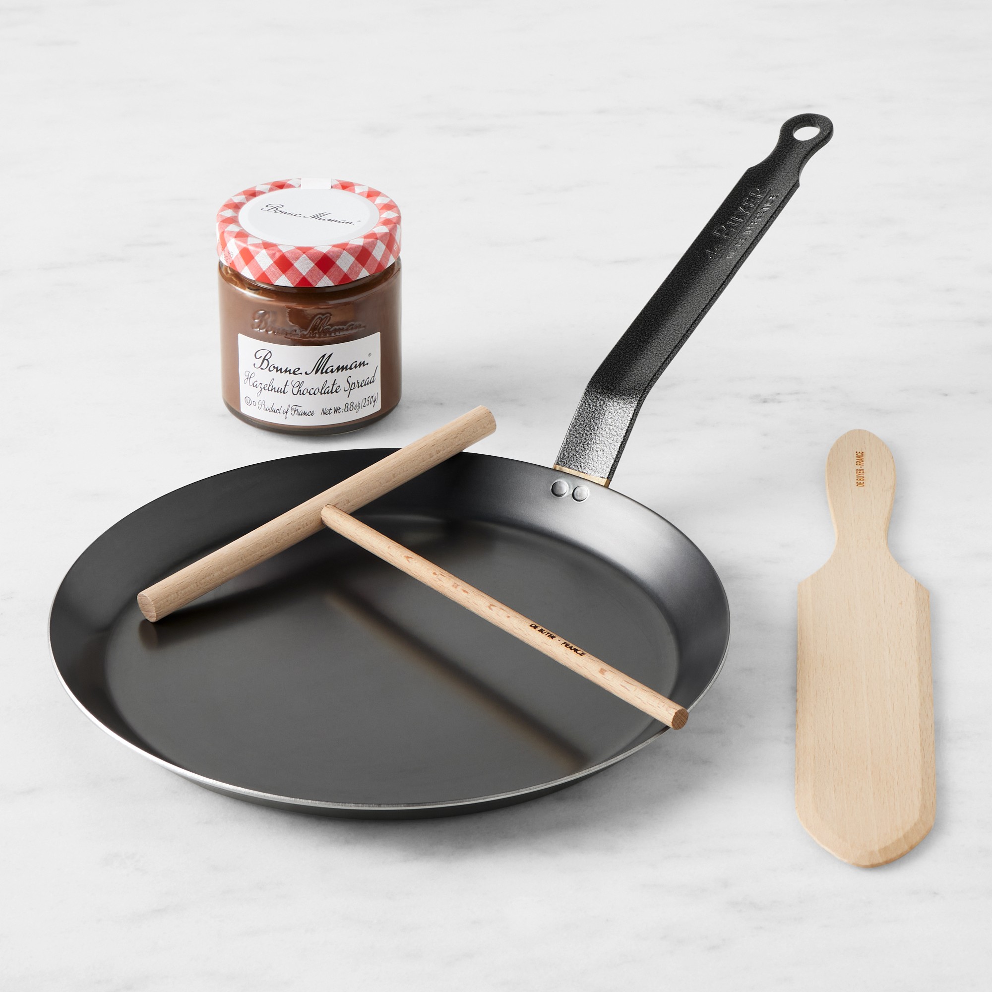 De Buyer Blue Carbon Steel Crepe Kit with Bonne Maman, 9 1/2