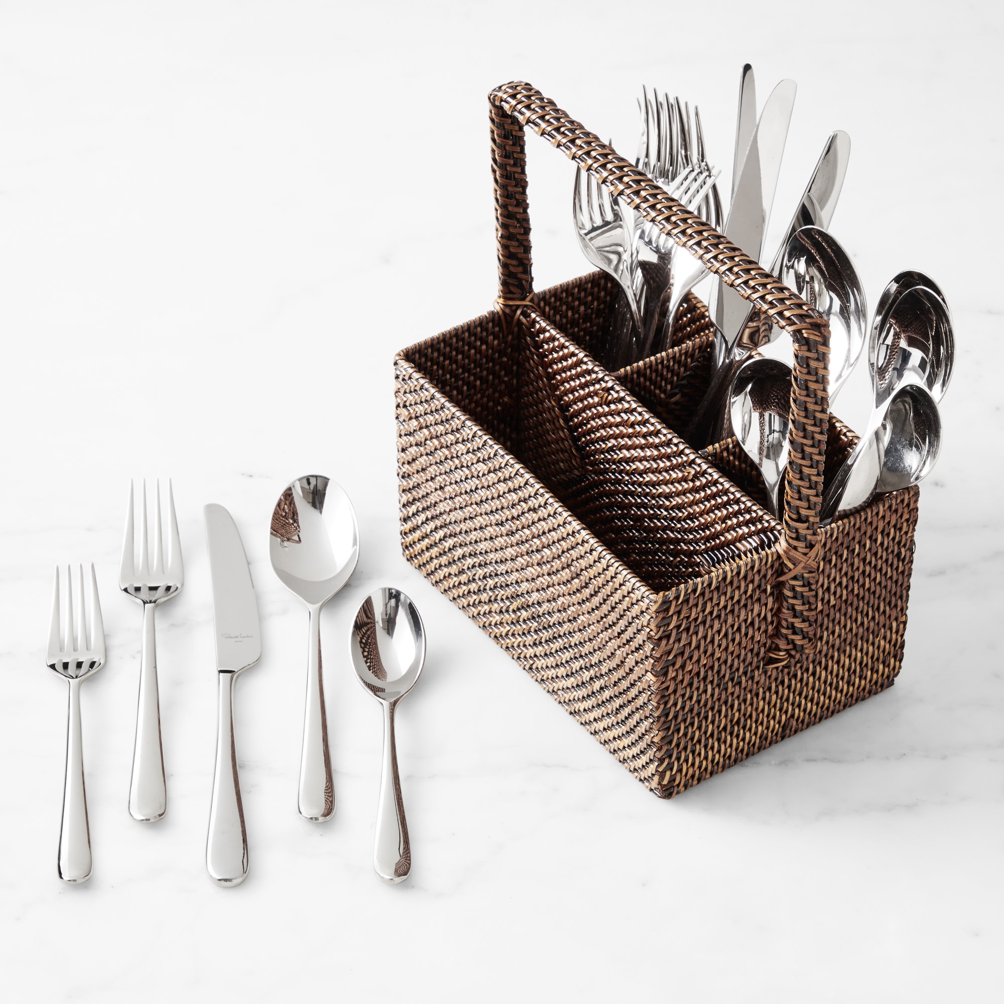 Nito Rectangular Flatware Caddy with Robert Welch Kingham 20-Piece Flatware Set