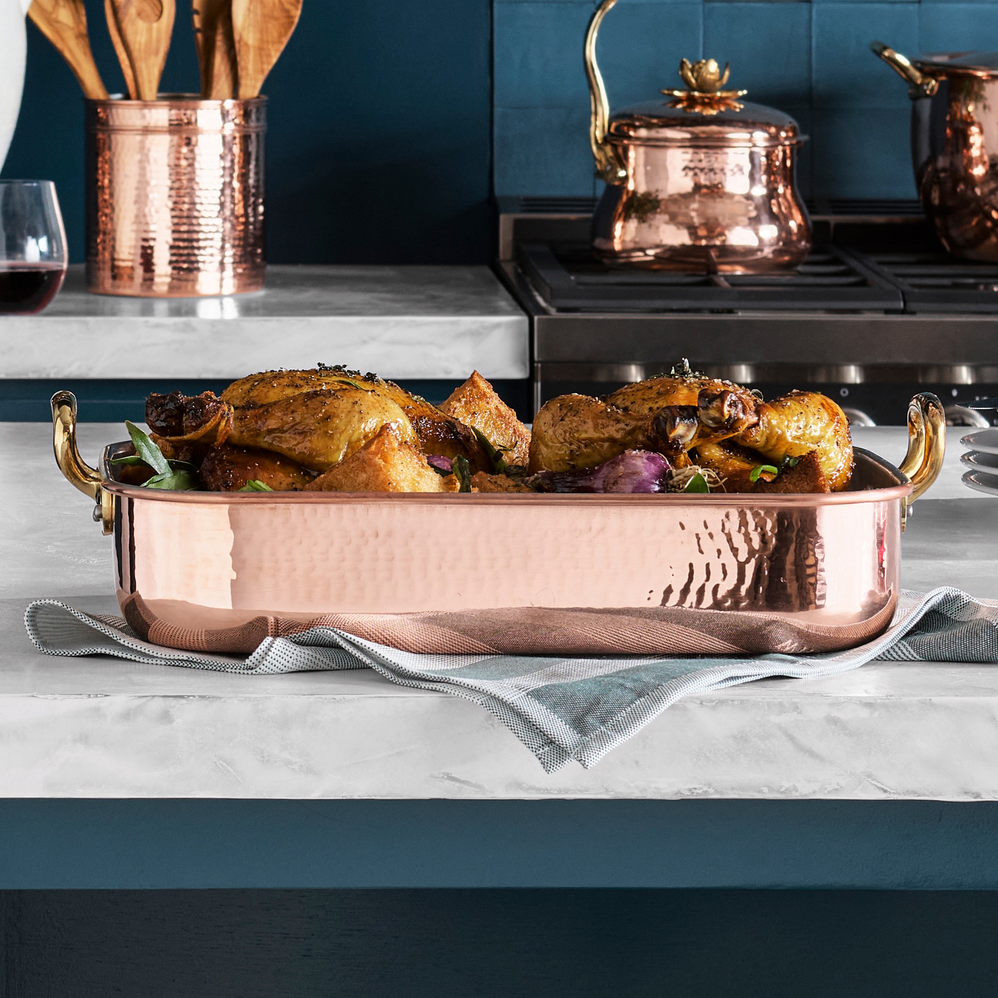 Ruffoni Historia Hammered Copper Rectangle Roasting Pan with Lovebirds Knob