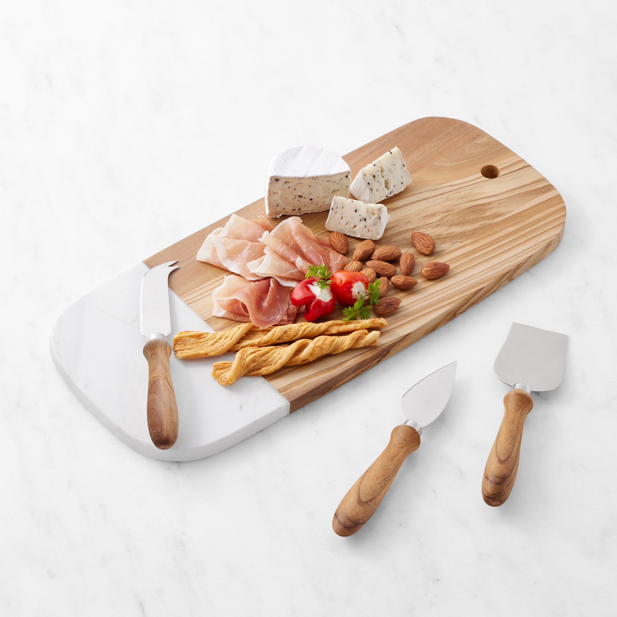 Olivewood & White Marble Rectangular Cheese Board with Cheese Knives