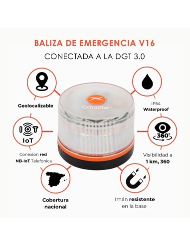 Baliza V16 con geolocalización 3.0 aprobada por la DGT, plan de datos incluido hasta 2038, base magnética IP54 resistente al agua, visible 360º, cumple normativa 2026, luz LED coche obligatoria para señalizar averías