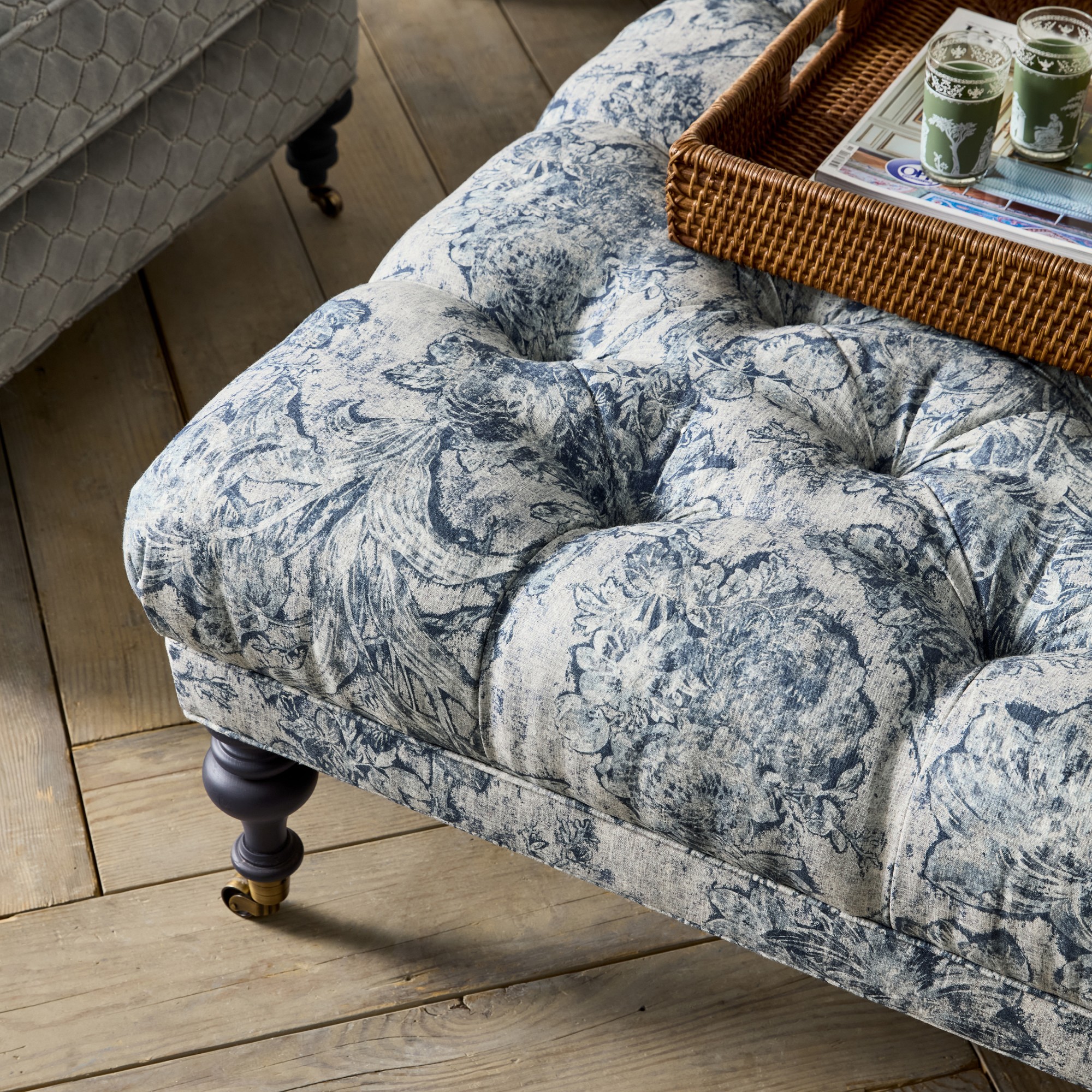 Sanderson x Giles Deacon Fairfax Bench Ottoman, Turned Leg with Tufted Top (26-61)