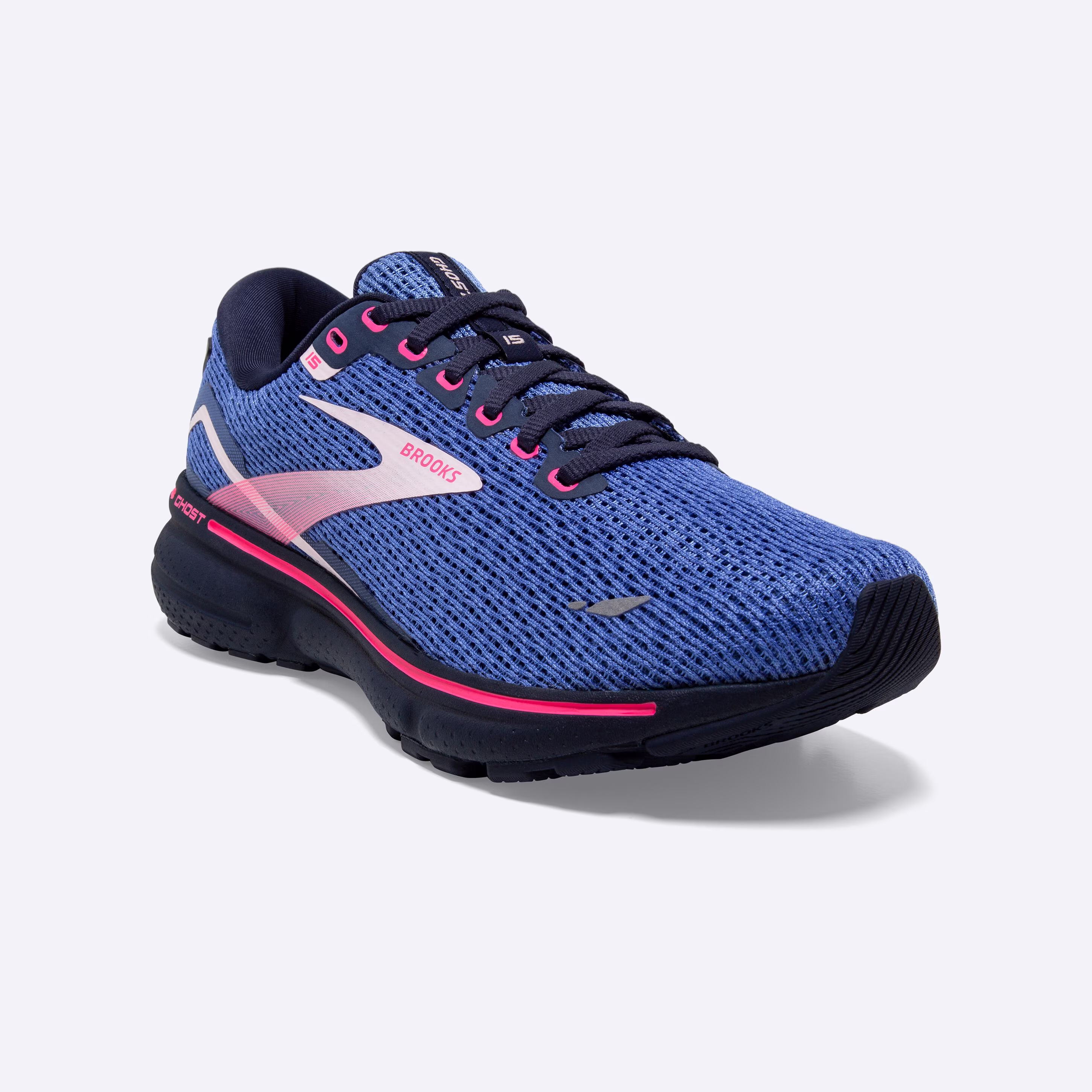 Women's Brooks, Ghost 15 Neutral Running Shoe -- Blue/Peacoat/Pink