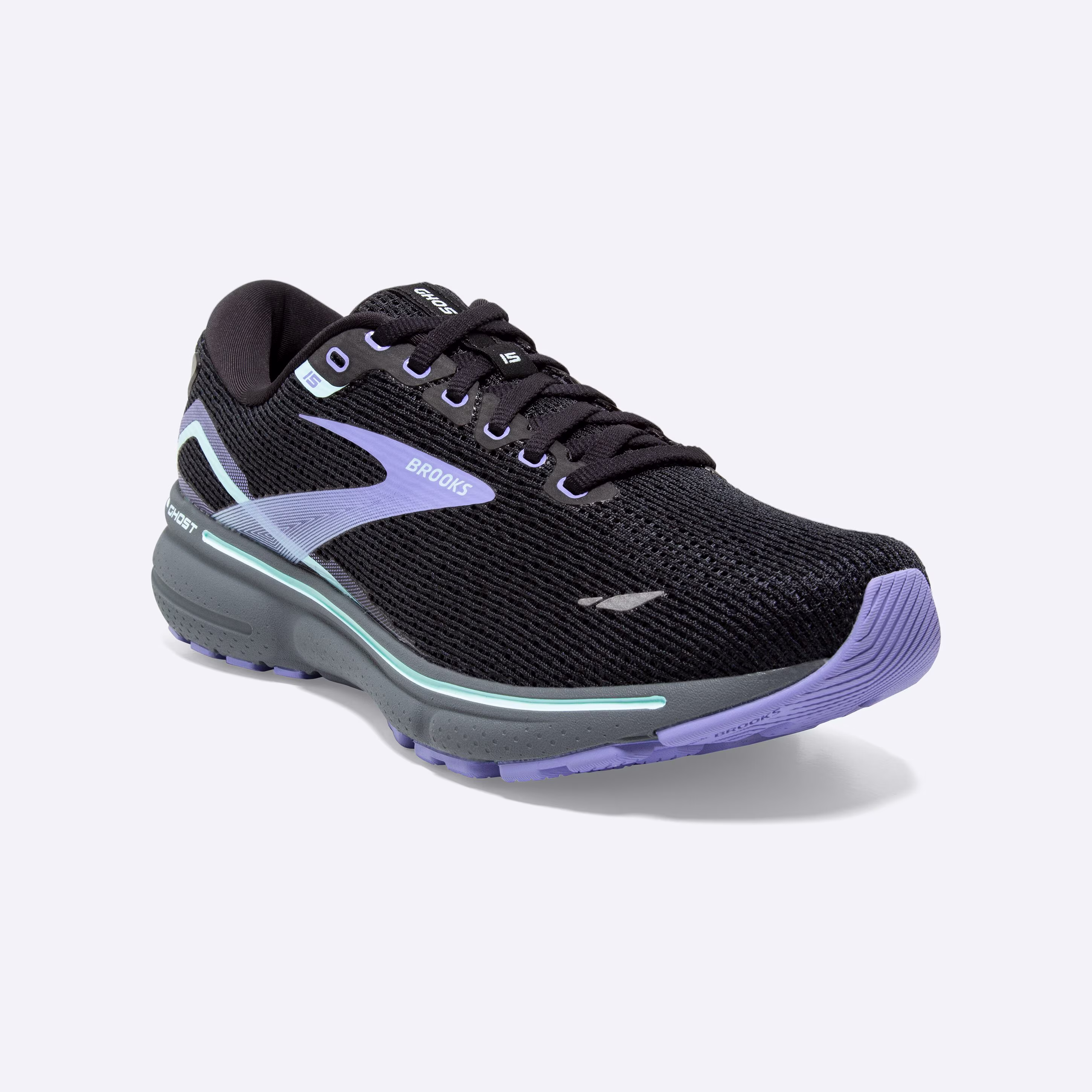 Women's Brooks, Ghost 15 Neutral Running Shoe -- Black/Jacaranda/Salt
