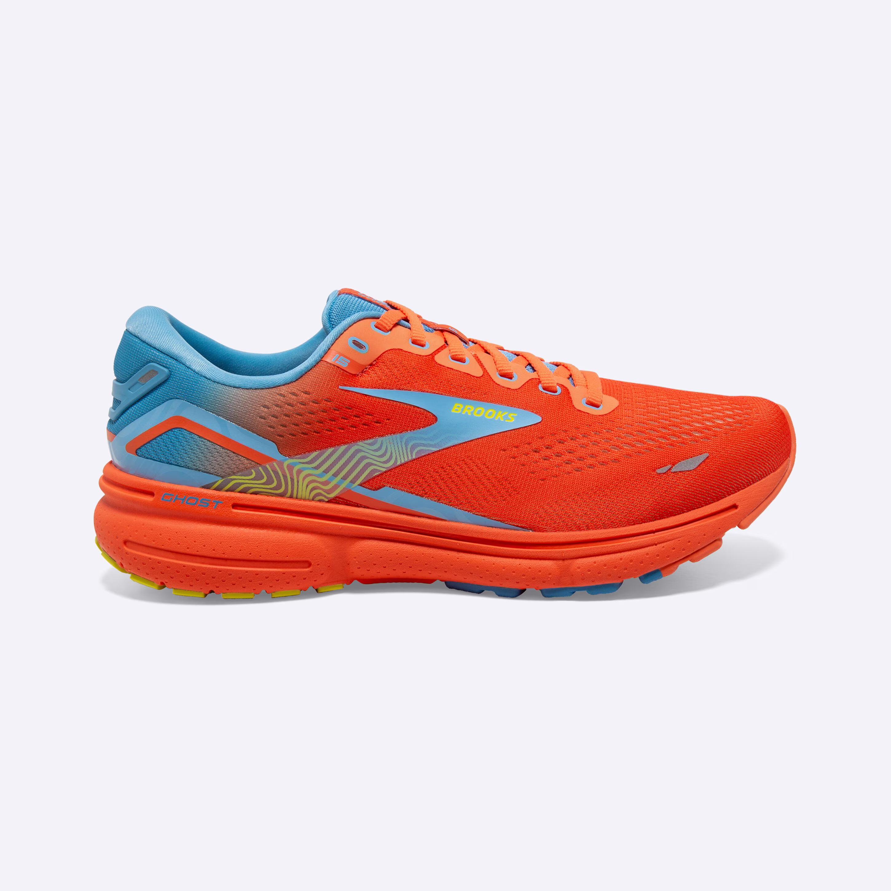 Men's Brooks, Ghost 15 Neutral Running Shoe -- Orange/Blue/Yellow