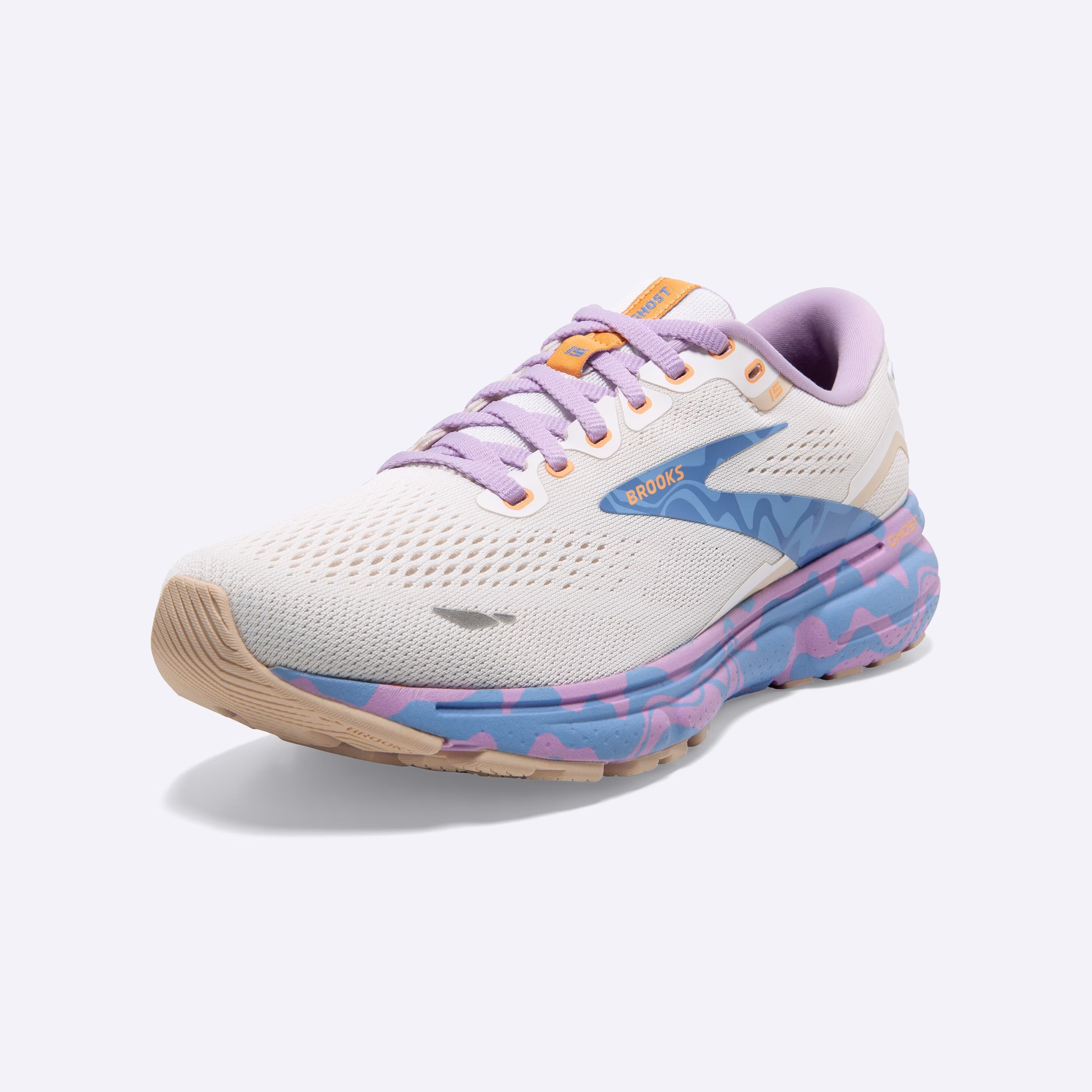Women's Brooks, Ghost 15 Neutral Running Shoe -- White/Vista/Lavendula