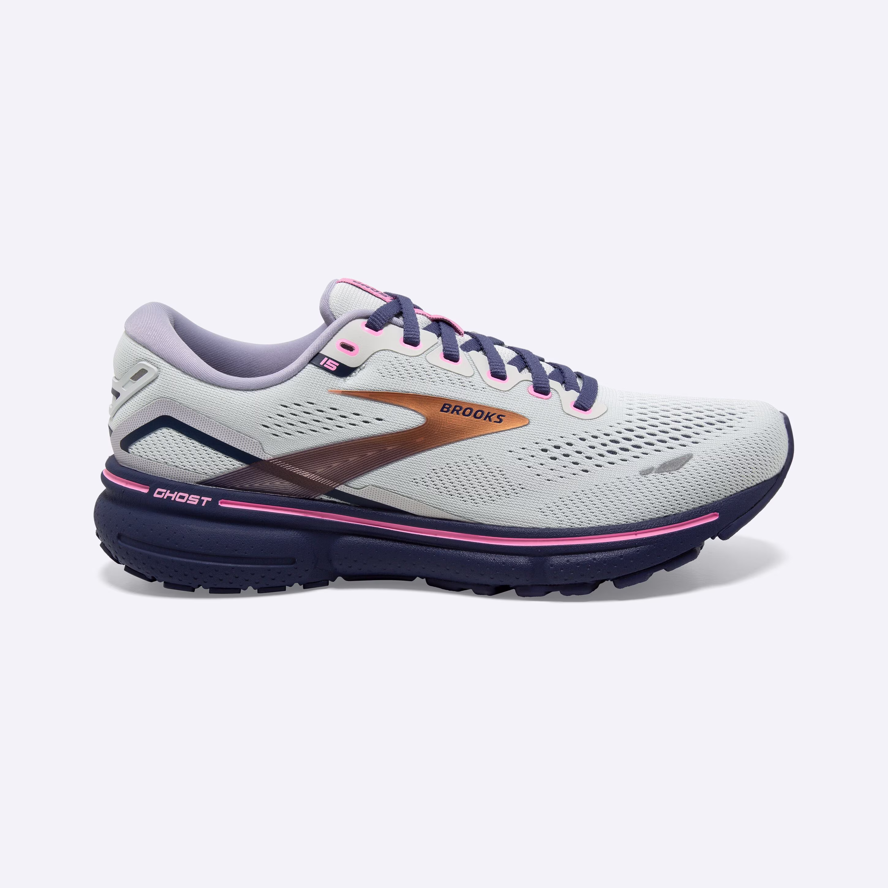 Women's Brooks, Ghost 15 Neutral Running Shoe -- Spa Blue/Neo Pink/ Copper