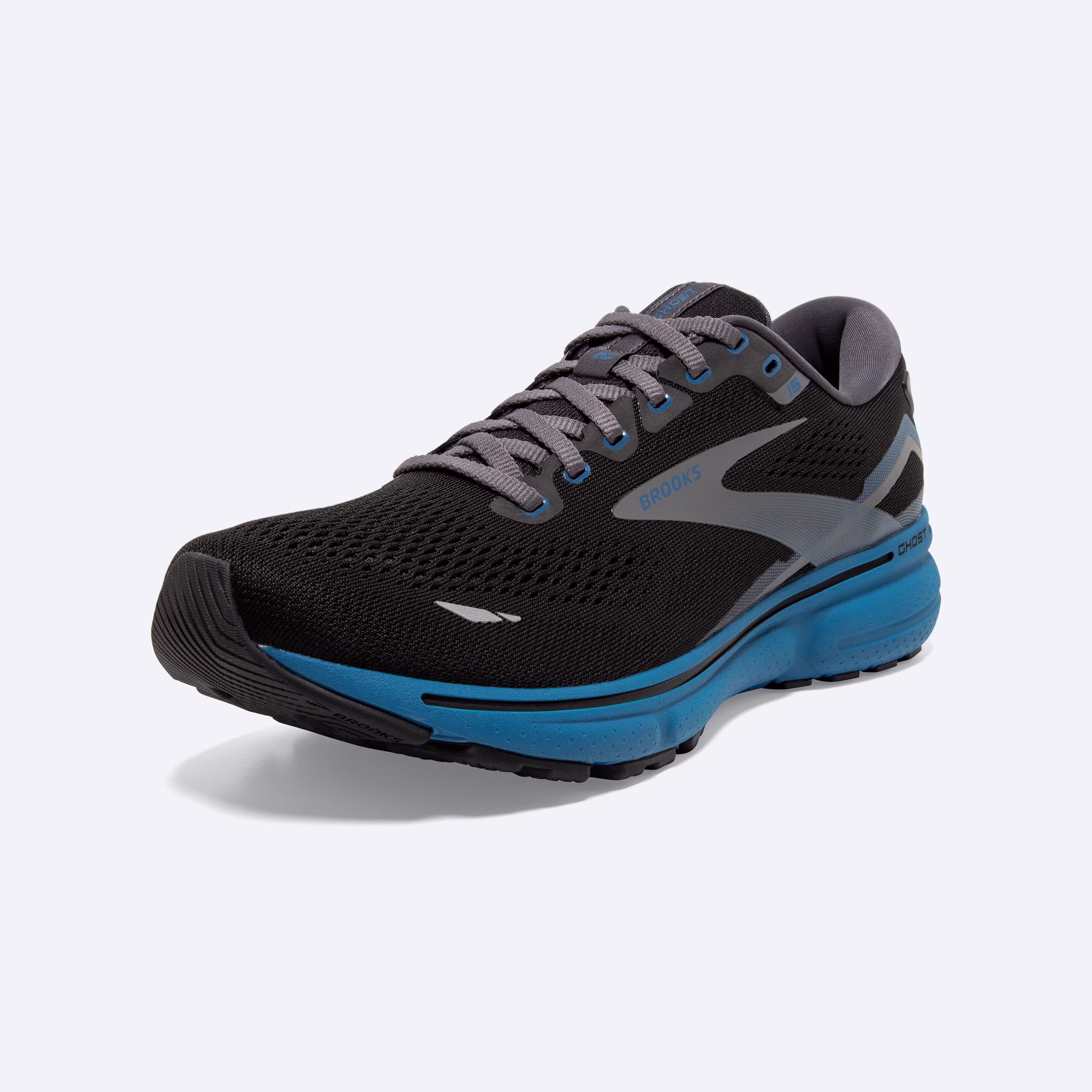 Men's Brooks, Ghost 15 Neutral Running Shoe -- Black/Blackened Pearl/Blue