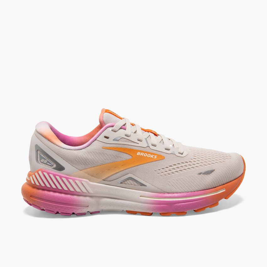 Women's Brooks, Adrenaline GTS 23 Running Shoe - White Sand/Sunset/Fuchsia