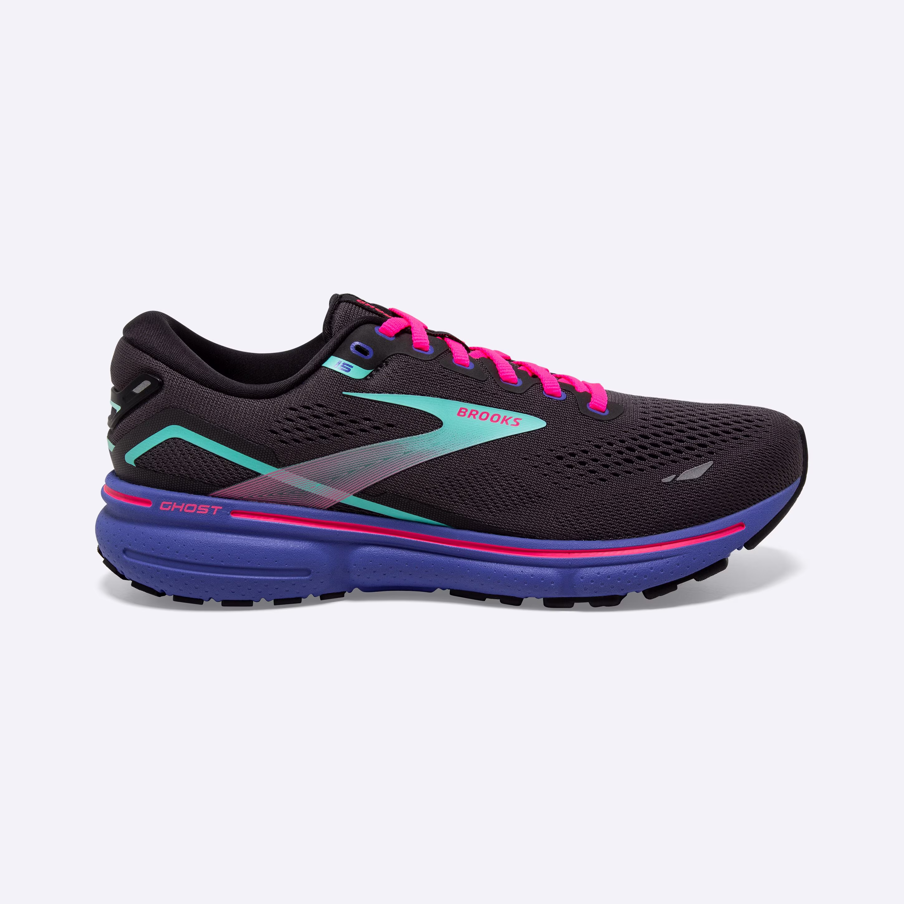 Women's Brooks, Ghost 15 Neutral Running Shoe -- Black/Blue/Aruba