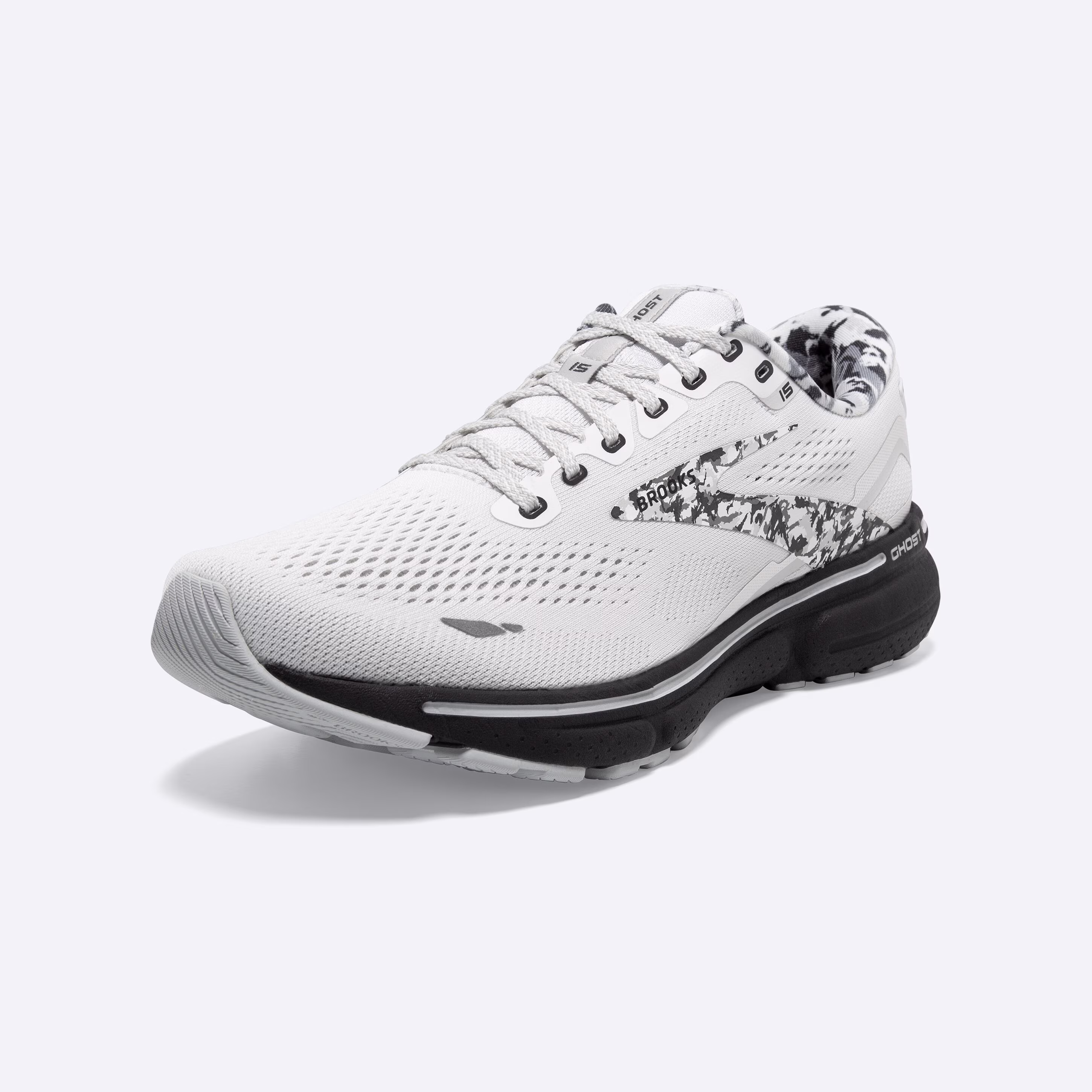 Women's Brooks, Ghost 15 Neutral Running Shoe -- White/Ebony/Oyster