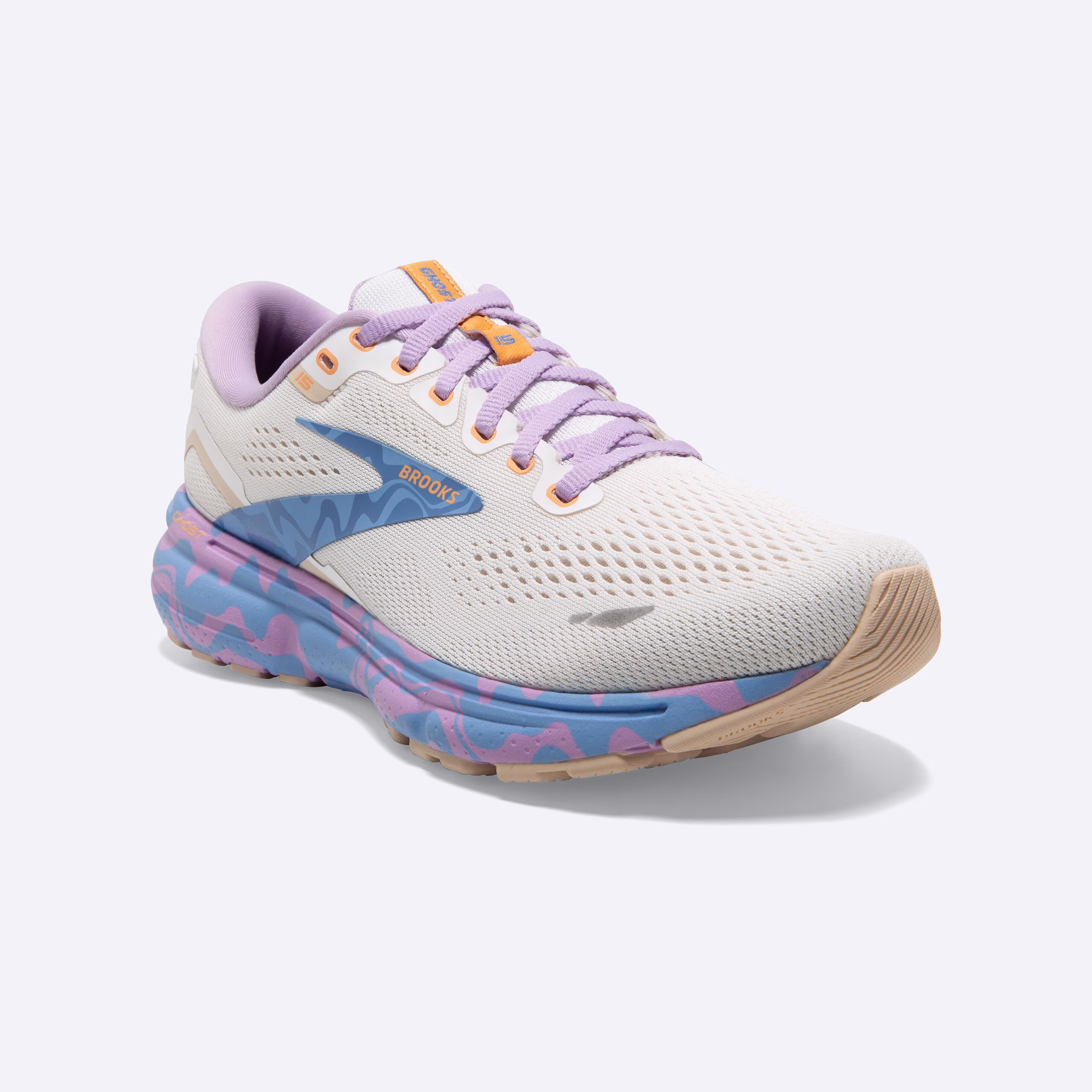 Women's Brooks, Ghost 15 Neutral Running Shoe -- White/Vista/Lavendula
