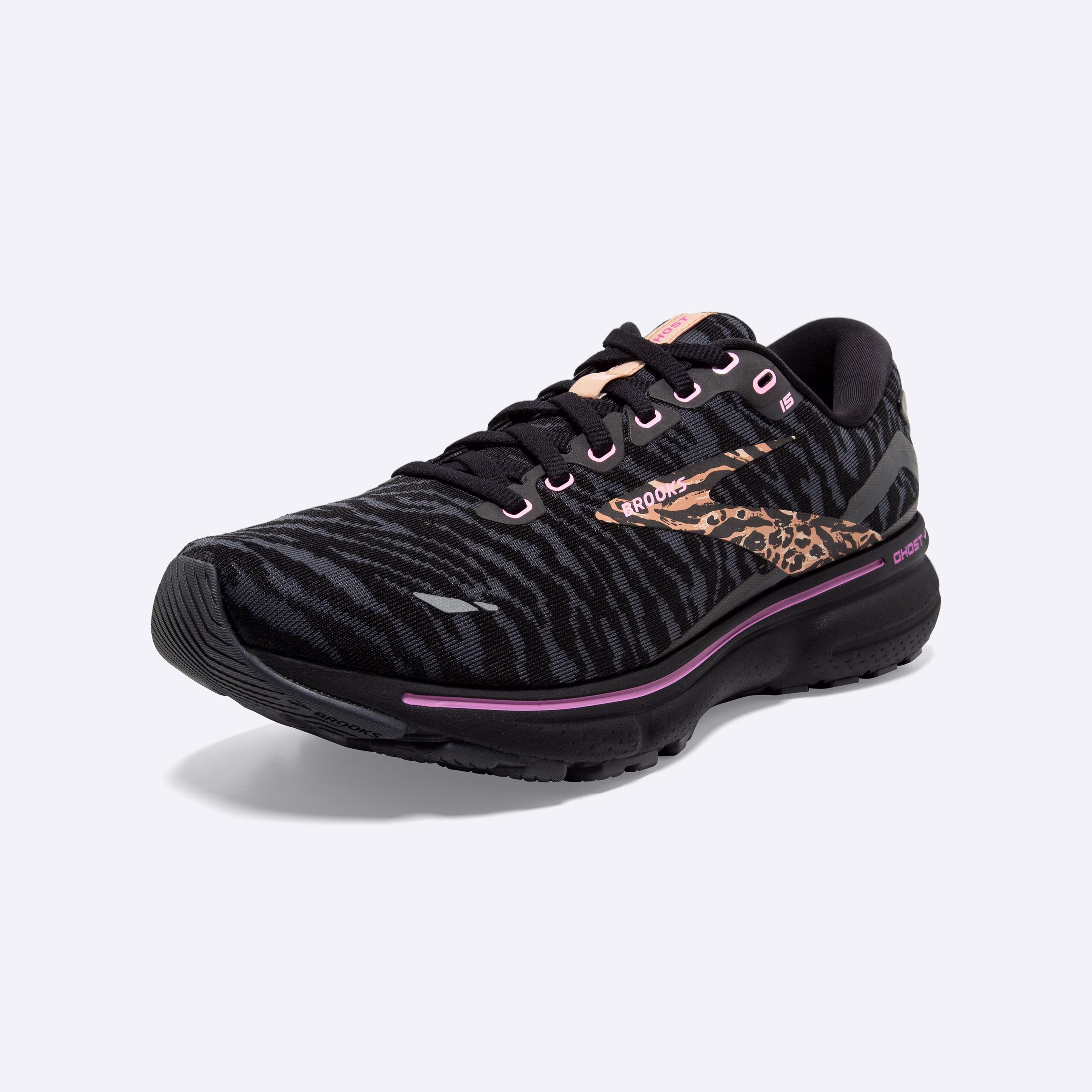 Women's Brooks, Ghost 15 Neutral Running Shoe -- Black/Spring Crocus/Sunburn