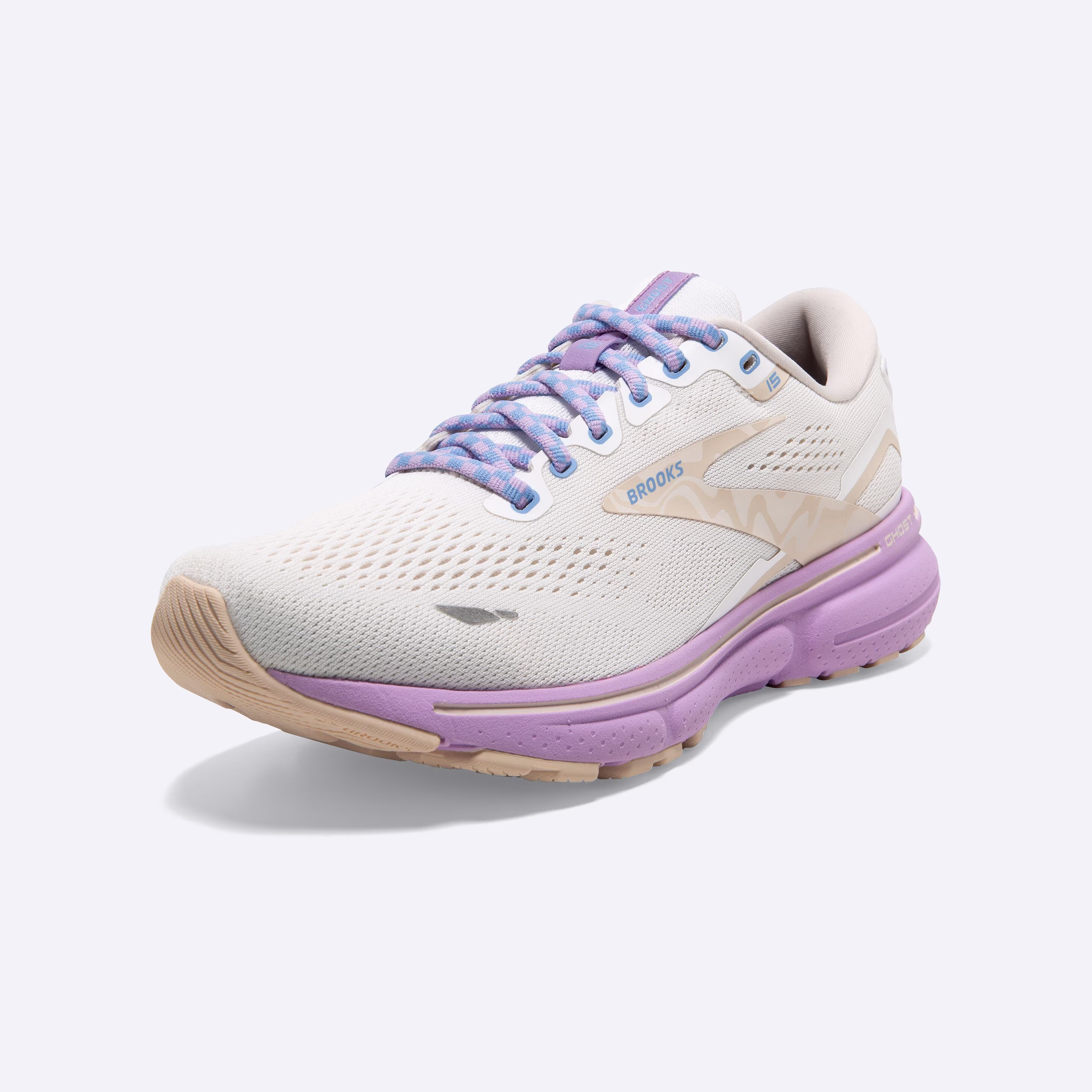 Women's Brooks, Ghost 15 Neutral Running Shoe -- White/Parchment/Lavendula