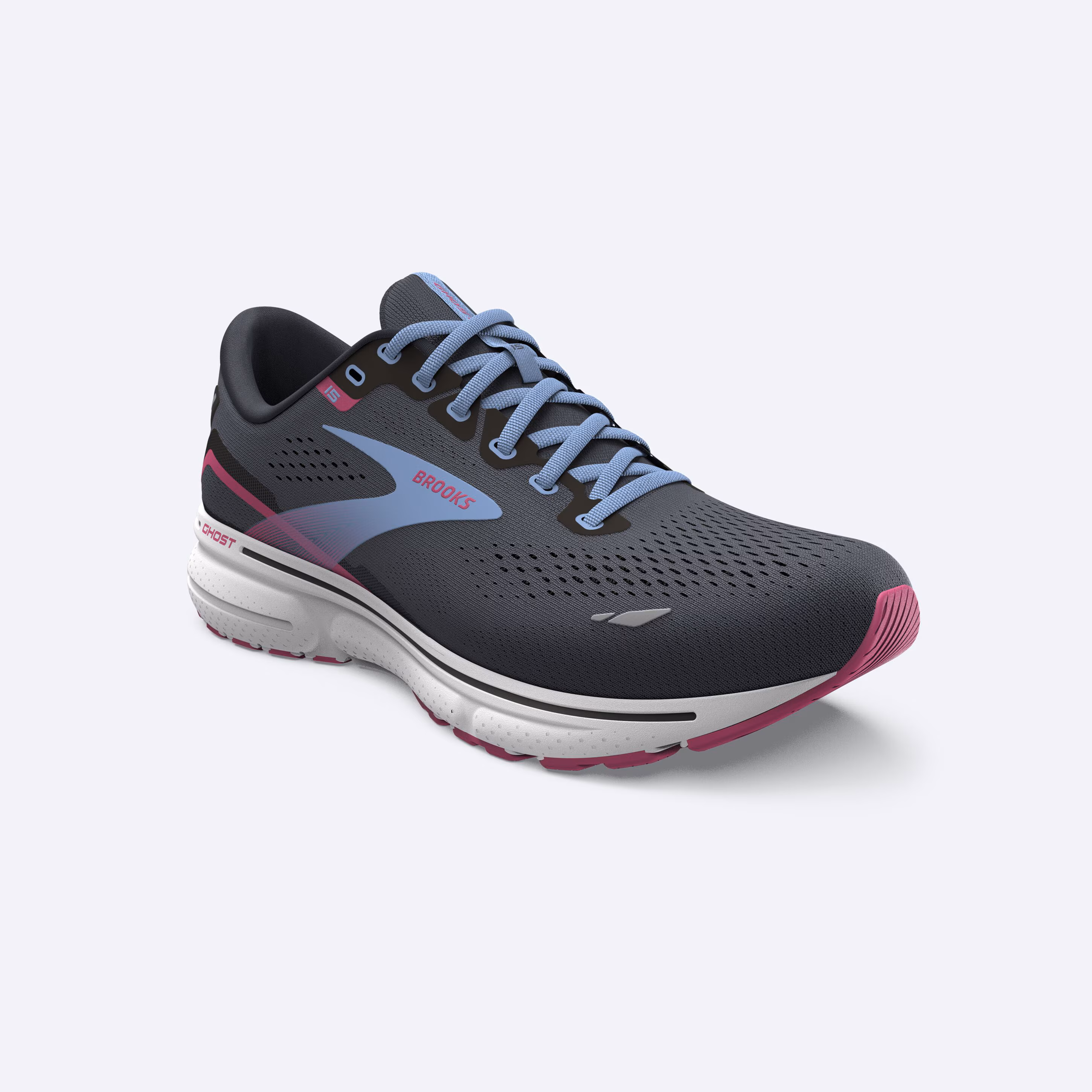 Men's Brooks, Ghost 15 Neutral Running Shoe -- Ebony/Open Air/Lilac Rose