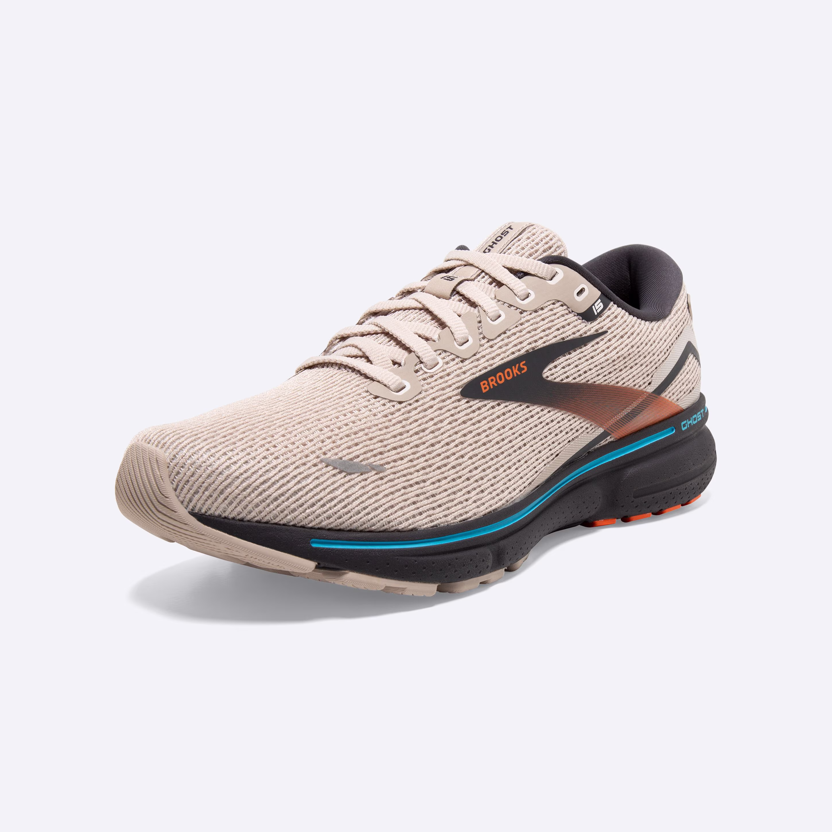 Men's Brooks, Ghost 15 Neutral Running Shoe -- White Sand/Red Orange/Blue