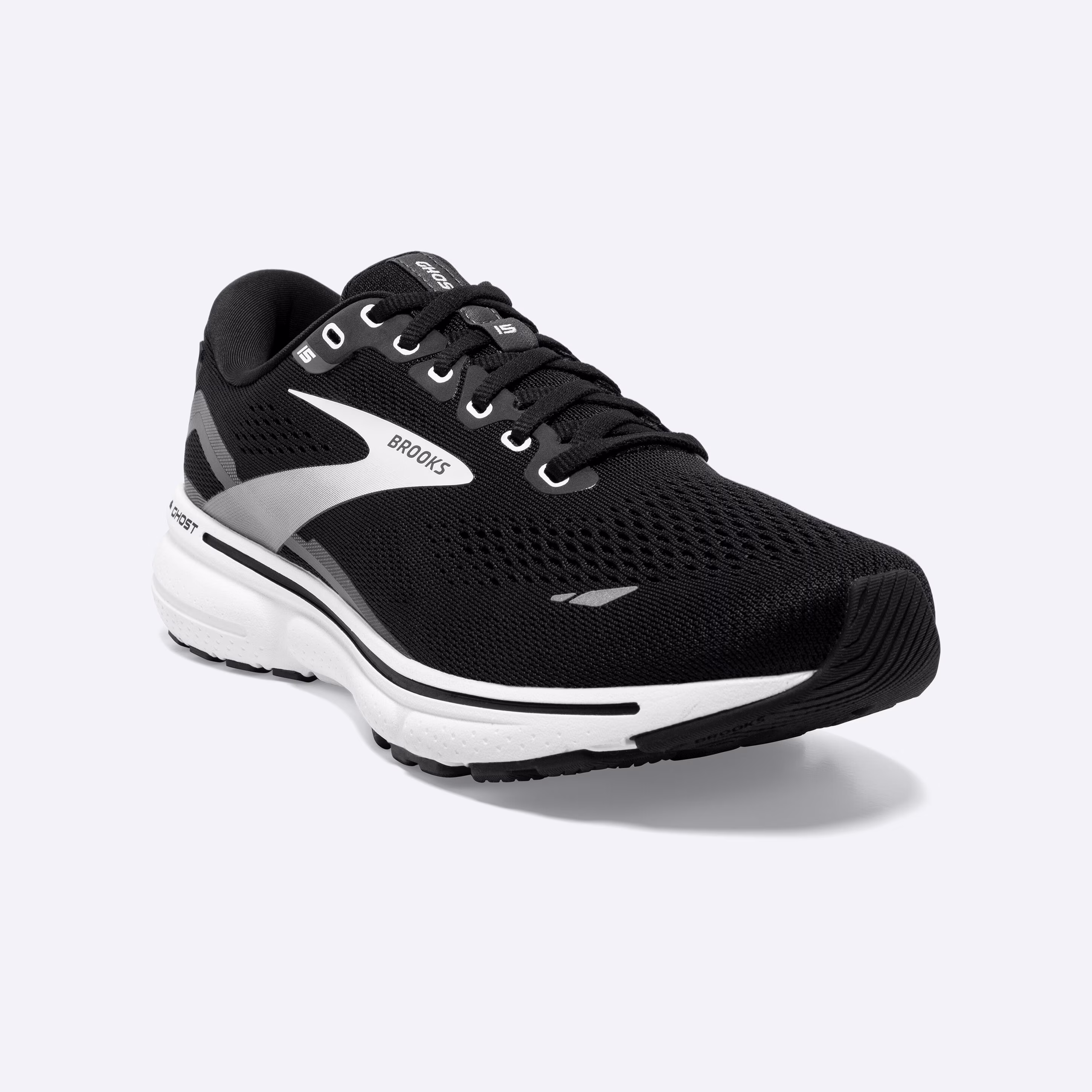 Women's Brooks, Ghost 15 Neutral Running Shoe -- Black/Blackened Pearl/White