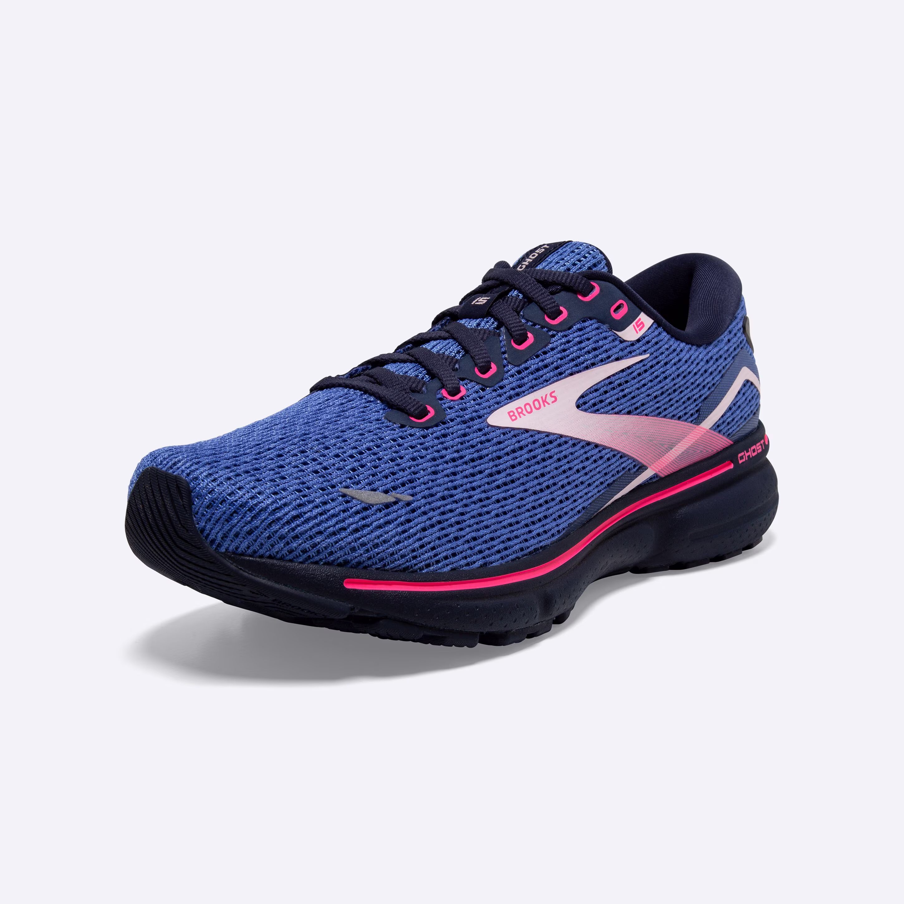 Women's Brooks, Ghost 15 Neutral Running Shoe -- Blue/Peacoat/Pink
