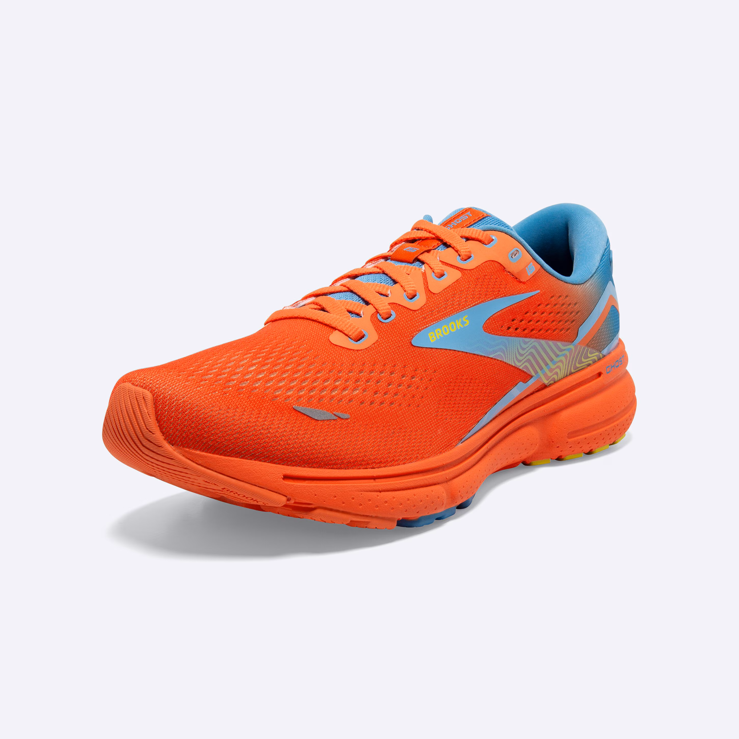 Men's Brooks, Ghost 15 Neutral Running Shoe -- Orange/Blue/Yellow