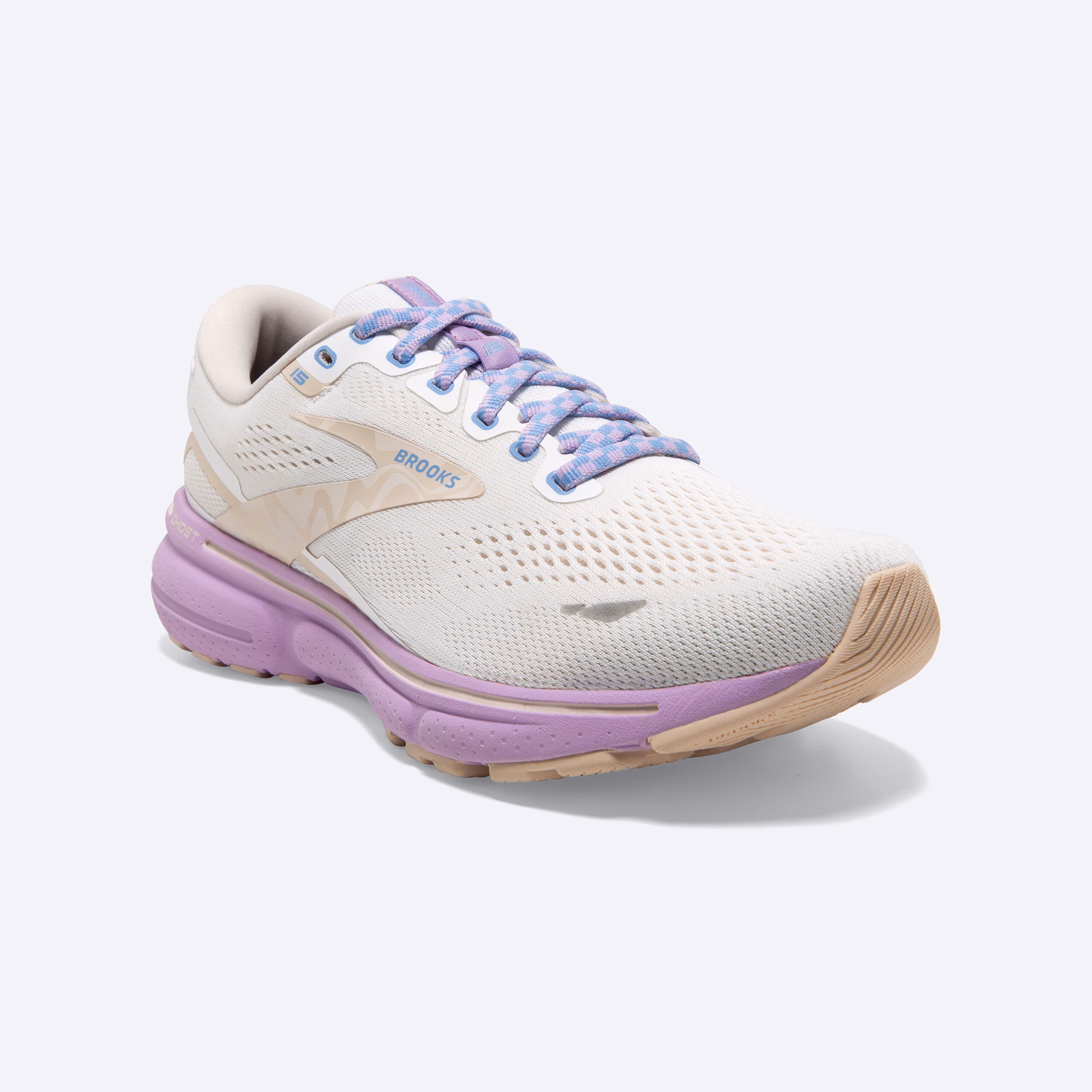 Women's Brooks, Ghost 15 Neutral Running Shoe -- White/Parchment/Lavendula