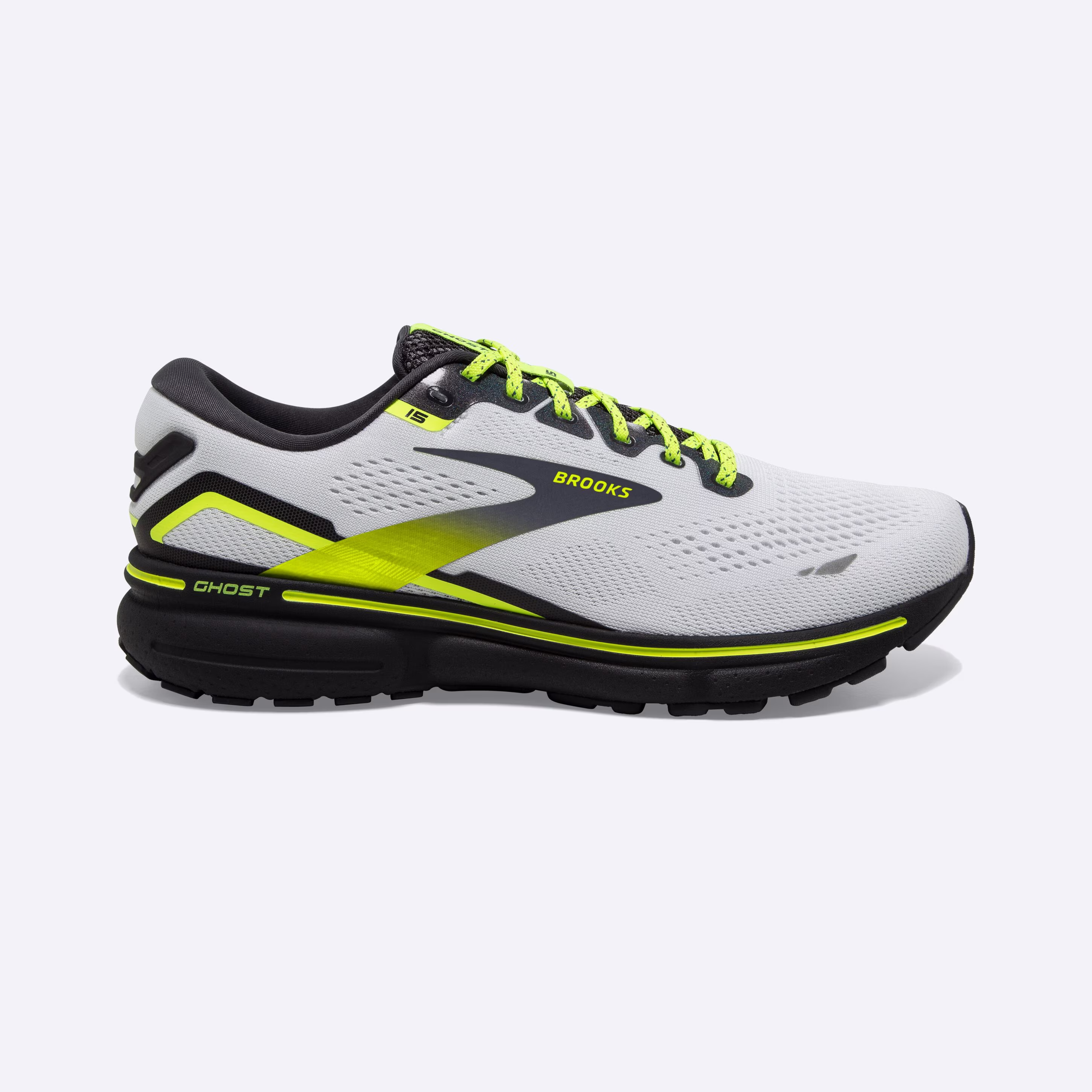 Men's Brooks, Ghost 15 Neutral Running Shoe -- White/Ebony/Nightlife