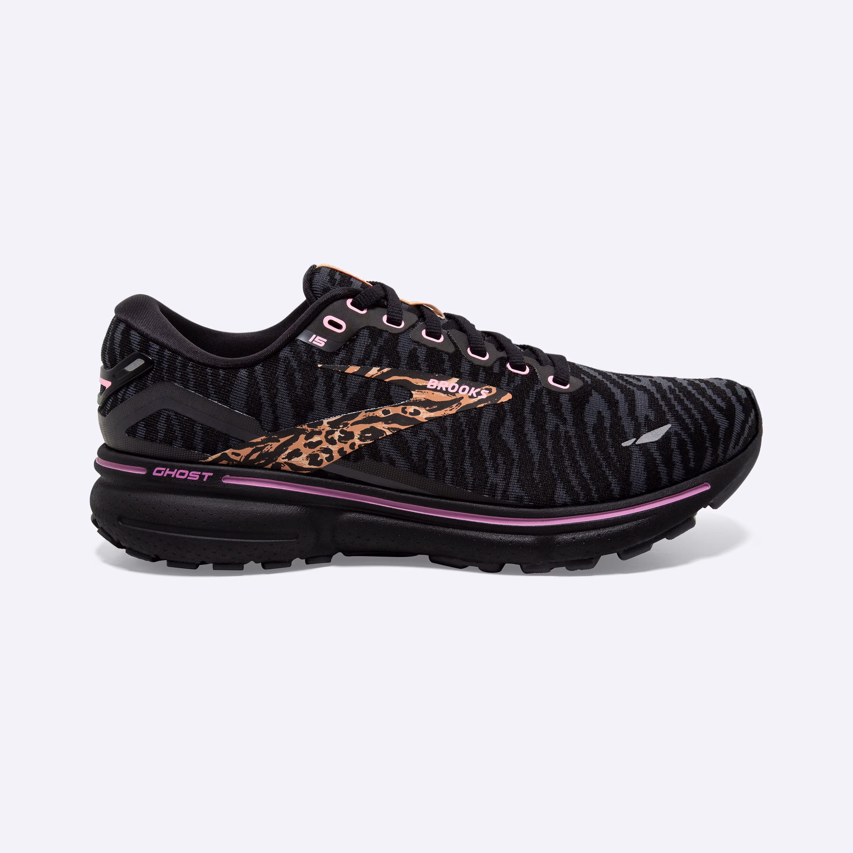 Women's Brooks, Ghost 15 Neutral Running Shoe -- Black/Spring Crocus/Sunburn