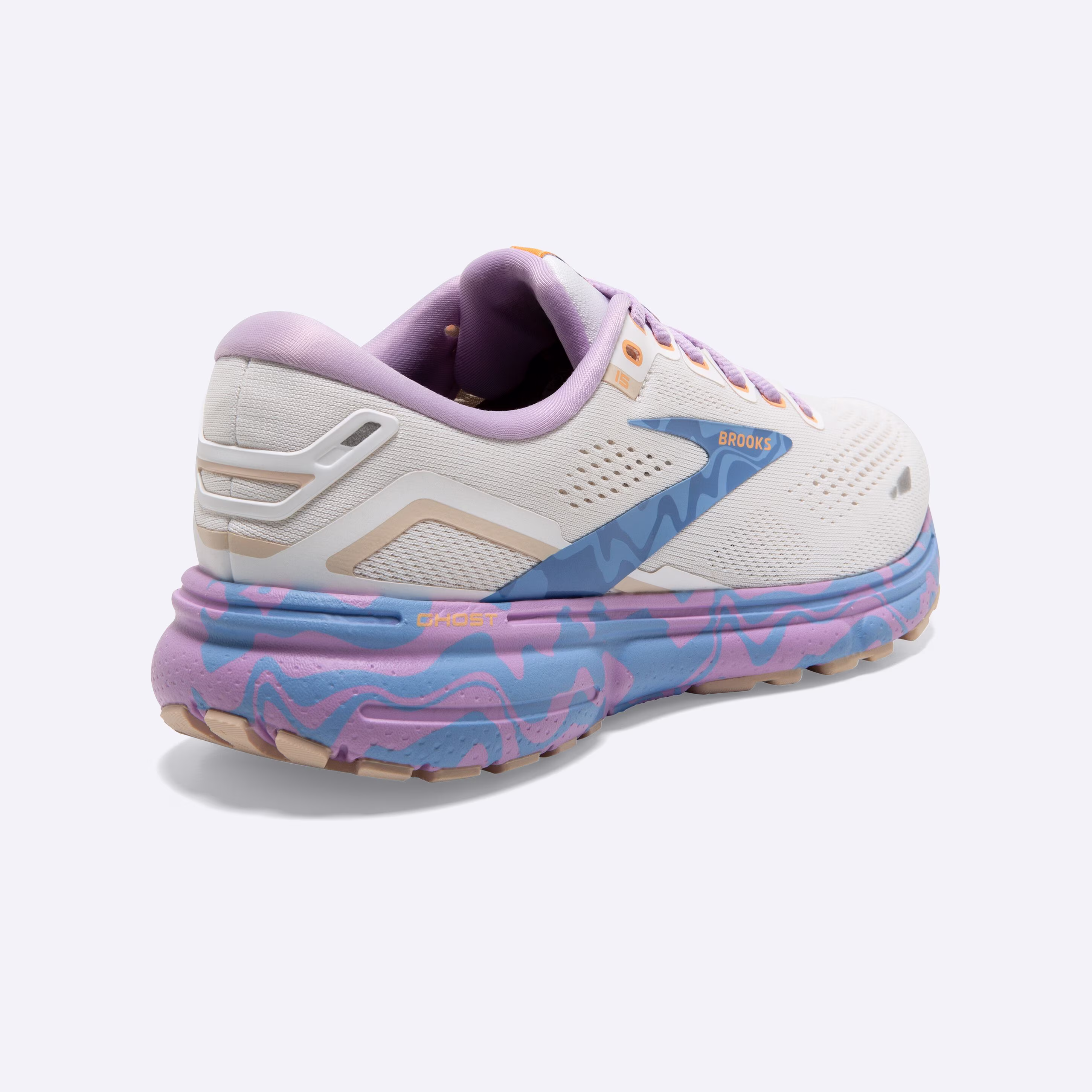 Women's Brooks, Ghost 15 Neutral Running Shoe -- White/Vista/Lavendula