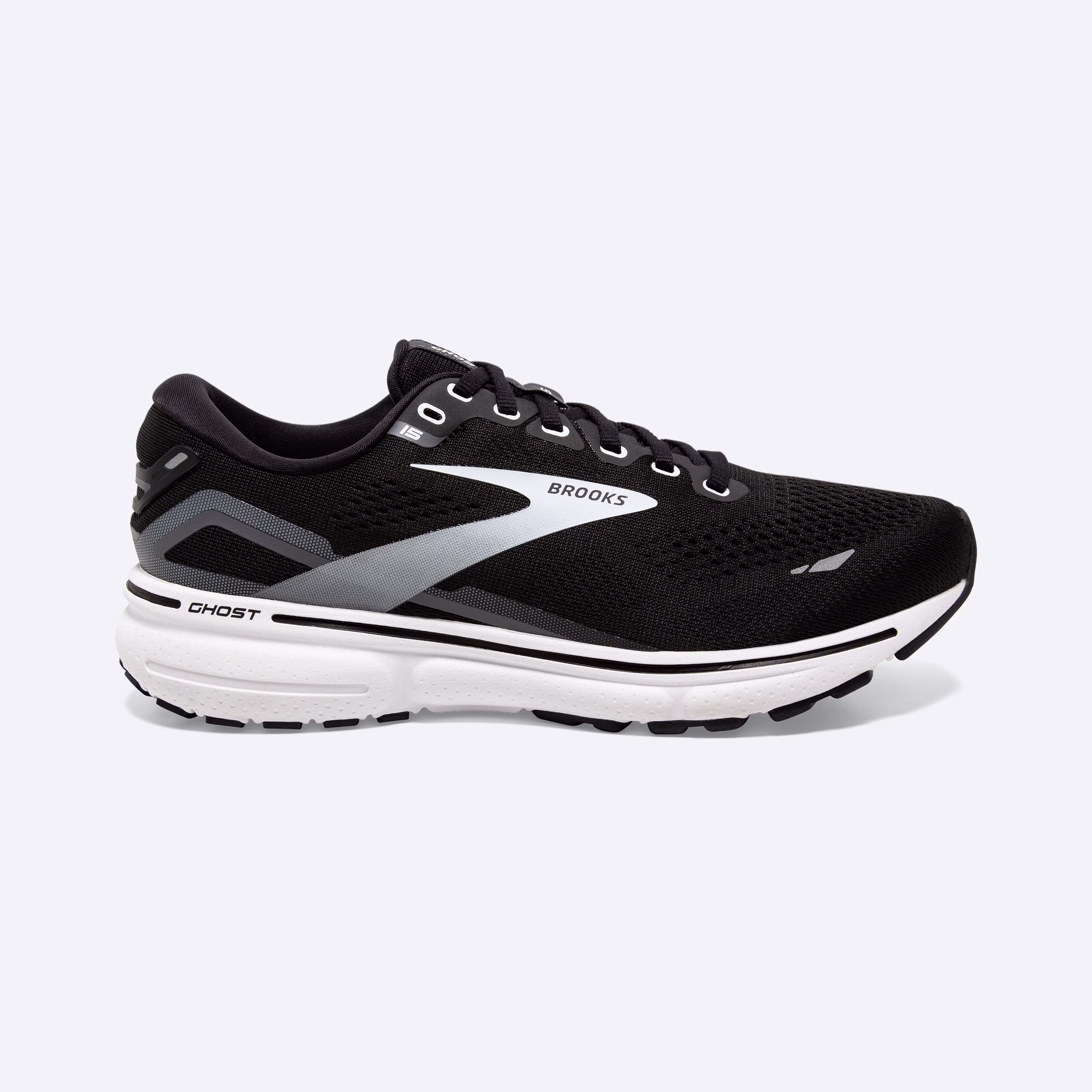 Women's Brooks, Ghost 15 Neutral Running Shoe -- Black/Blackened Pearl/White