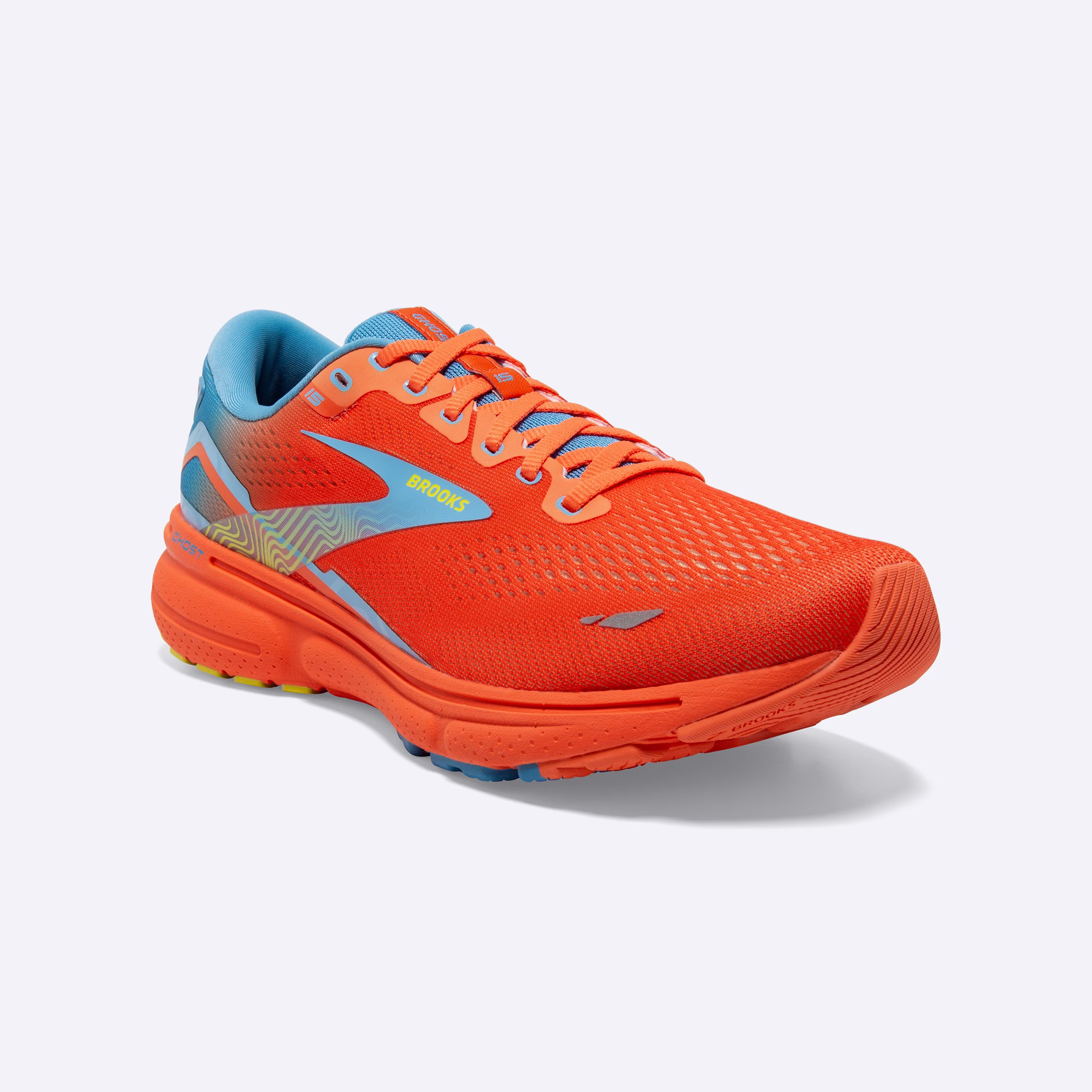 Men's Brooks, Ghost 15 Neutral Running Shoe -- Orange/Blue/Yellow