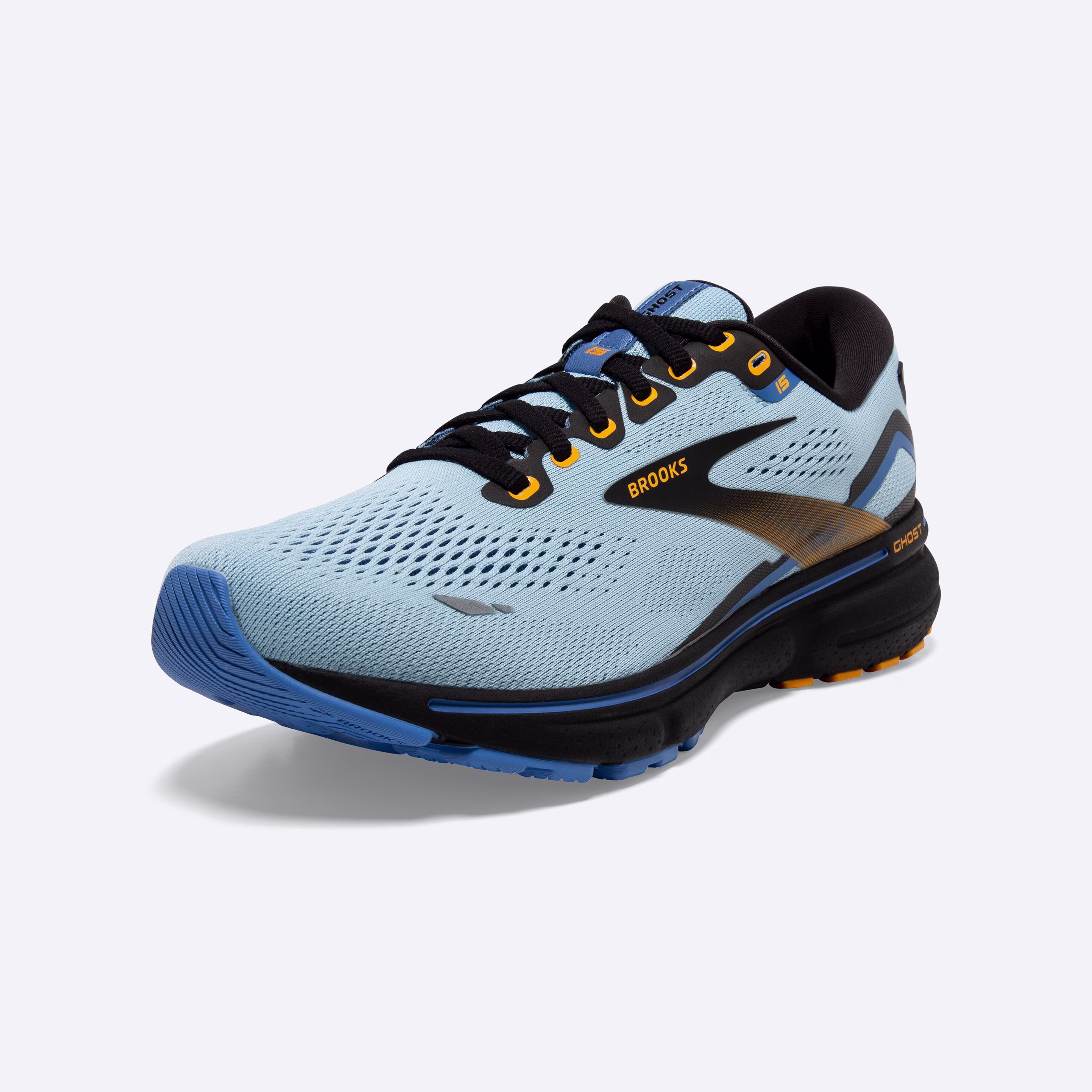 Women's Brooks, Ghost 15 Neutral Running Shoe -- Light Blue/Black/Yellow