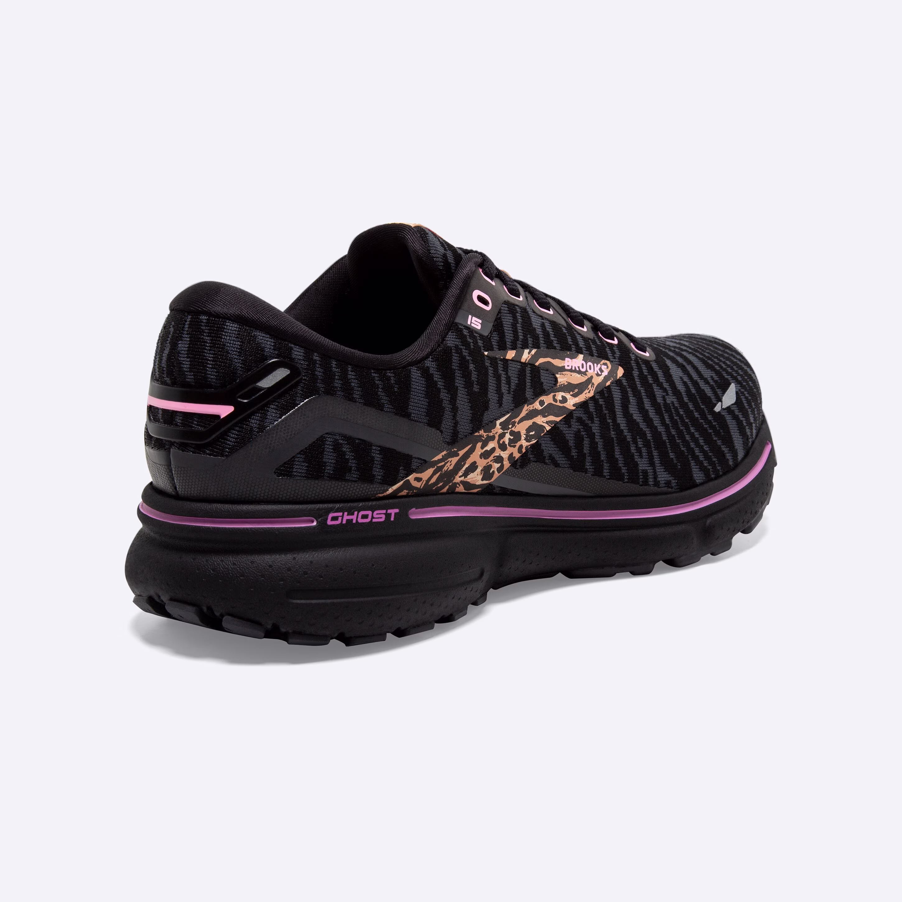 Women's Brooks, Ghost 15 Neutral Running Shoe -- Black/Spring Crocus/Sunburn