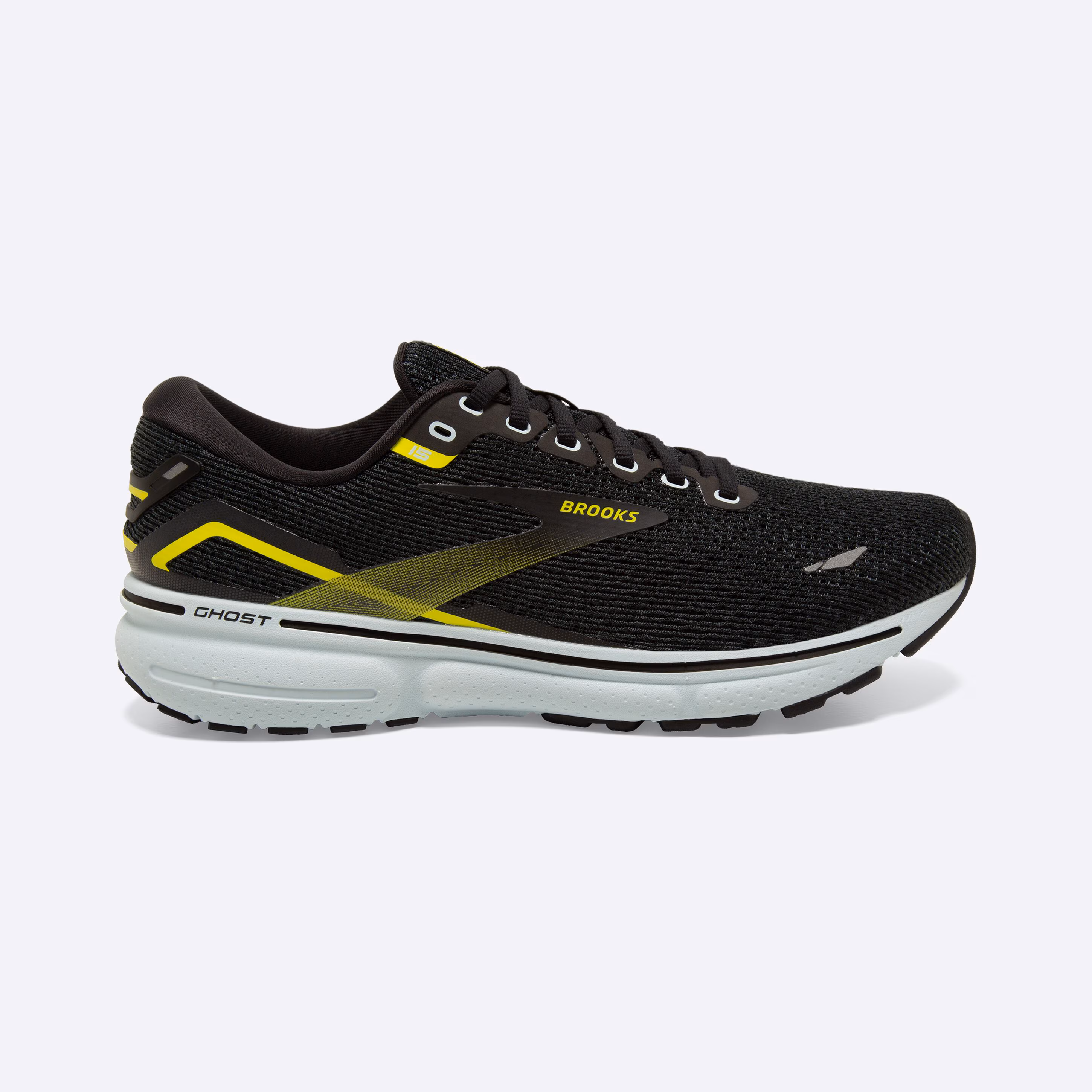 Men's Brooks, Ghost 15 Neutral Running Shoe -- Black/Ballad Blue/Sulphur