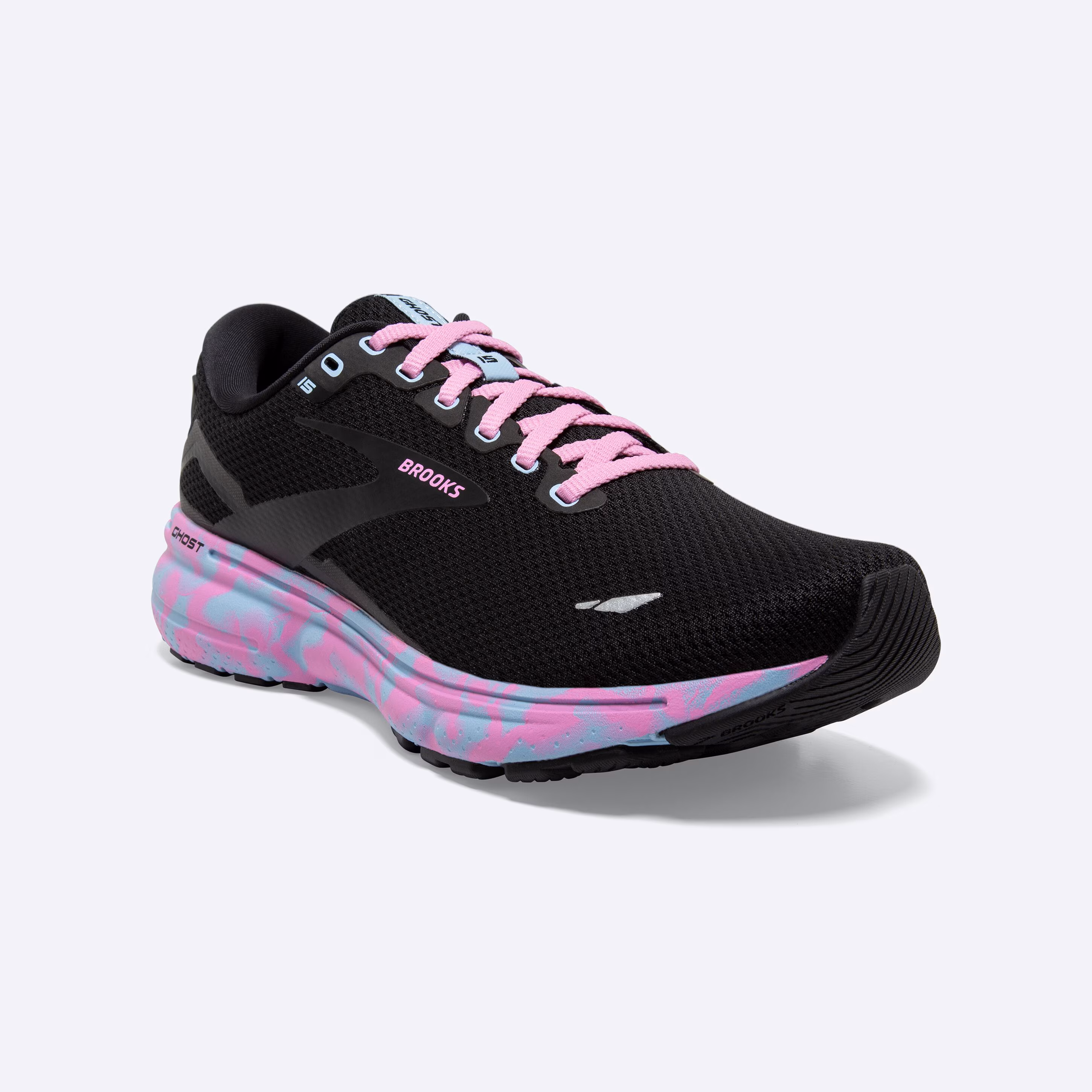 Women's Brooks, Ghost 15 Neutral Running Shoe -- Black/Chambray Blue/Cyclamen