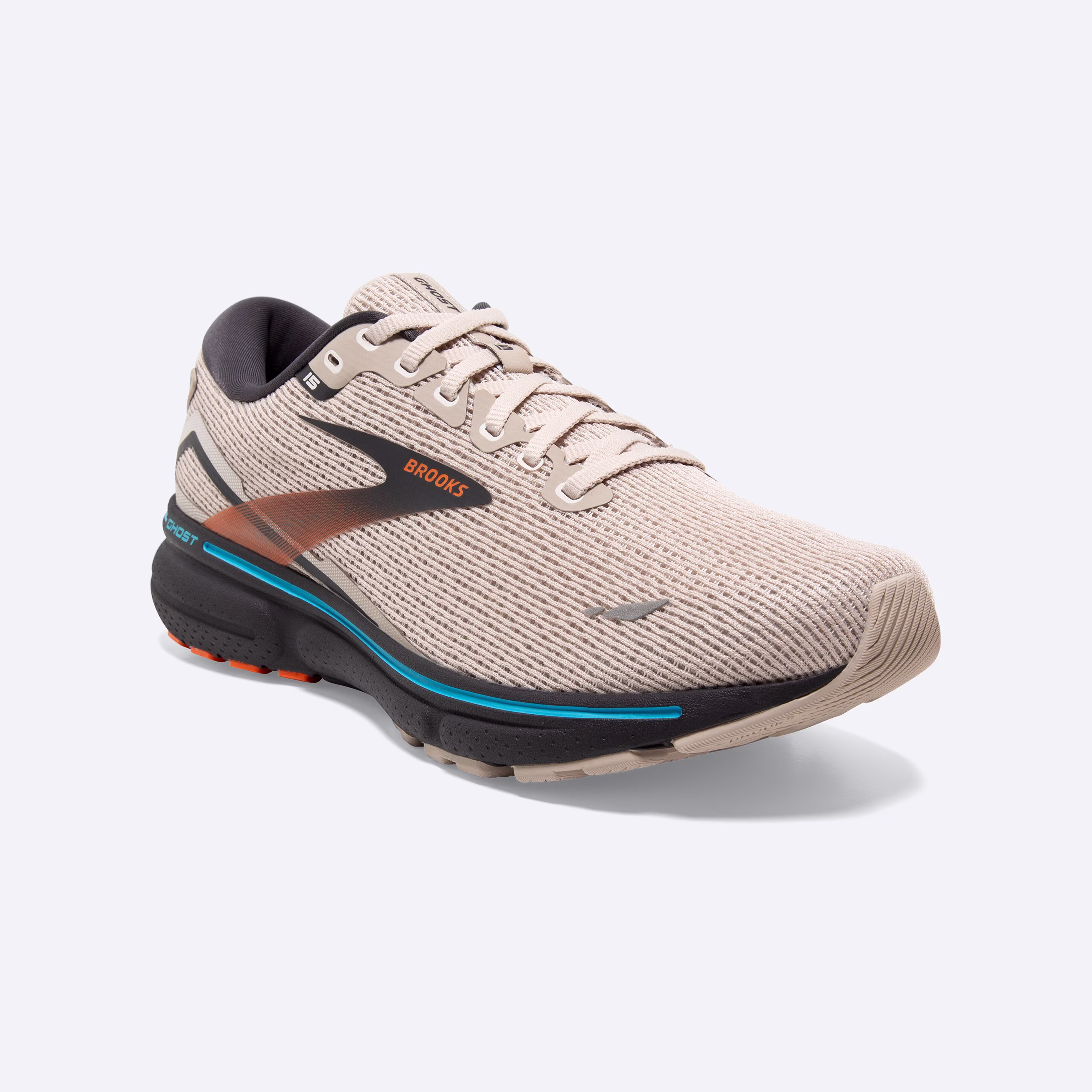 Men's Brooks, Ghost 15 Neutral Running Shoe -- White Sand/Red Orange/Blue