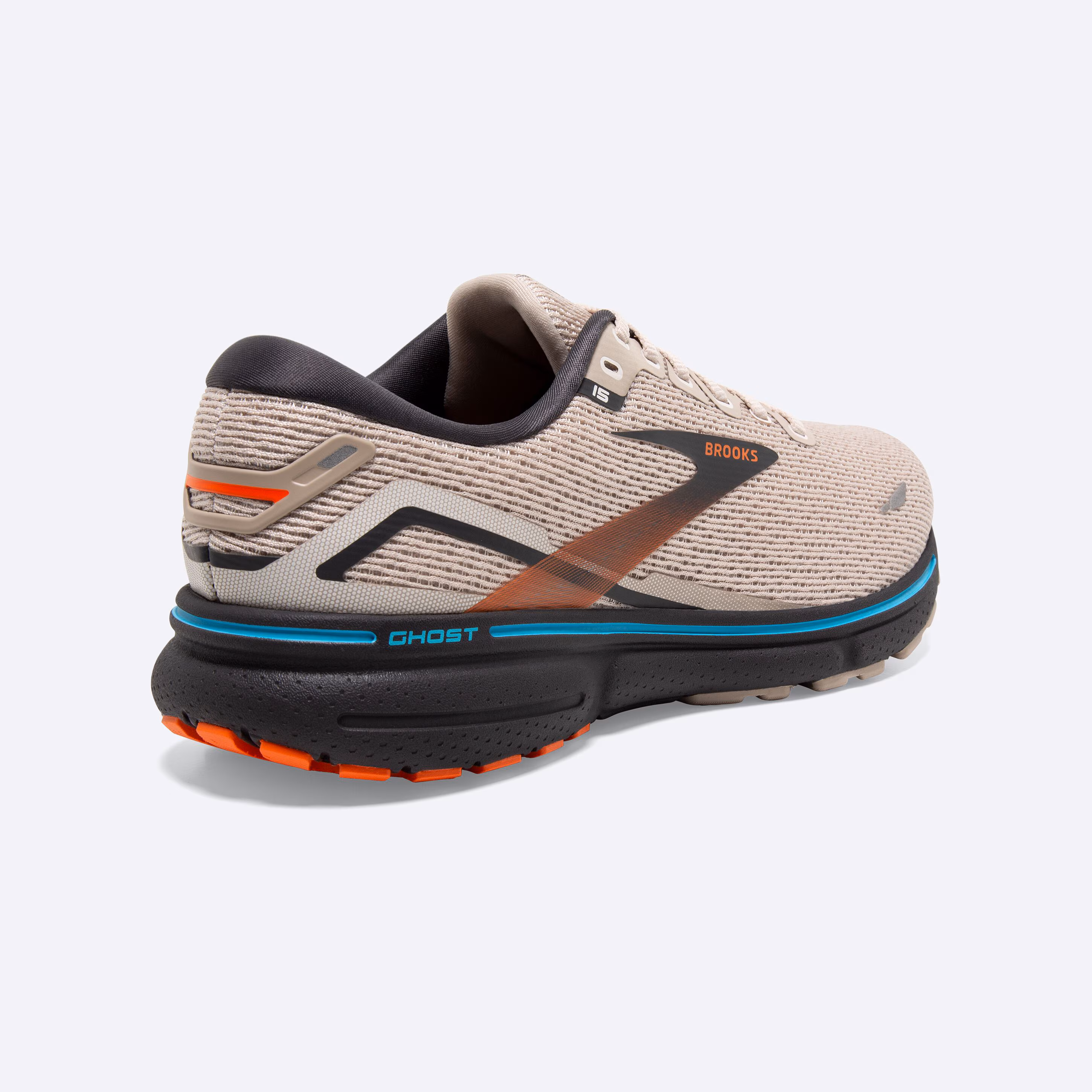 Men's Brooks, Ghost 15 Neutral Running Shoe -- White Sand/Red Orange/Blue