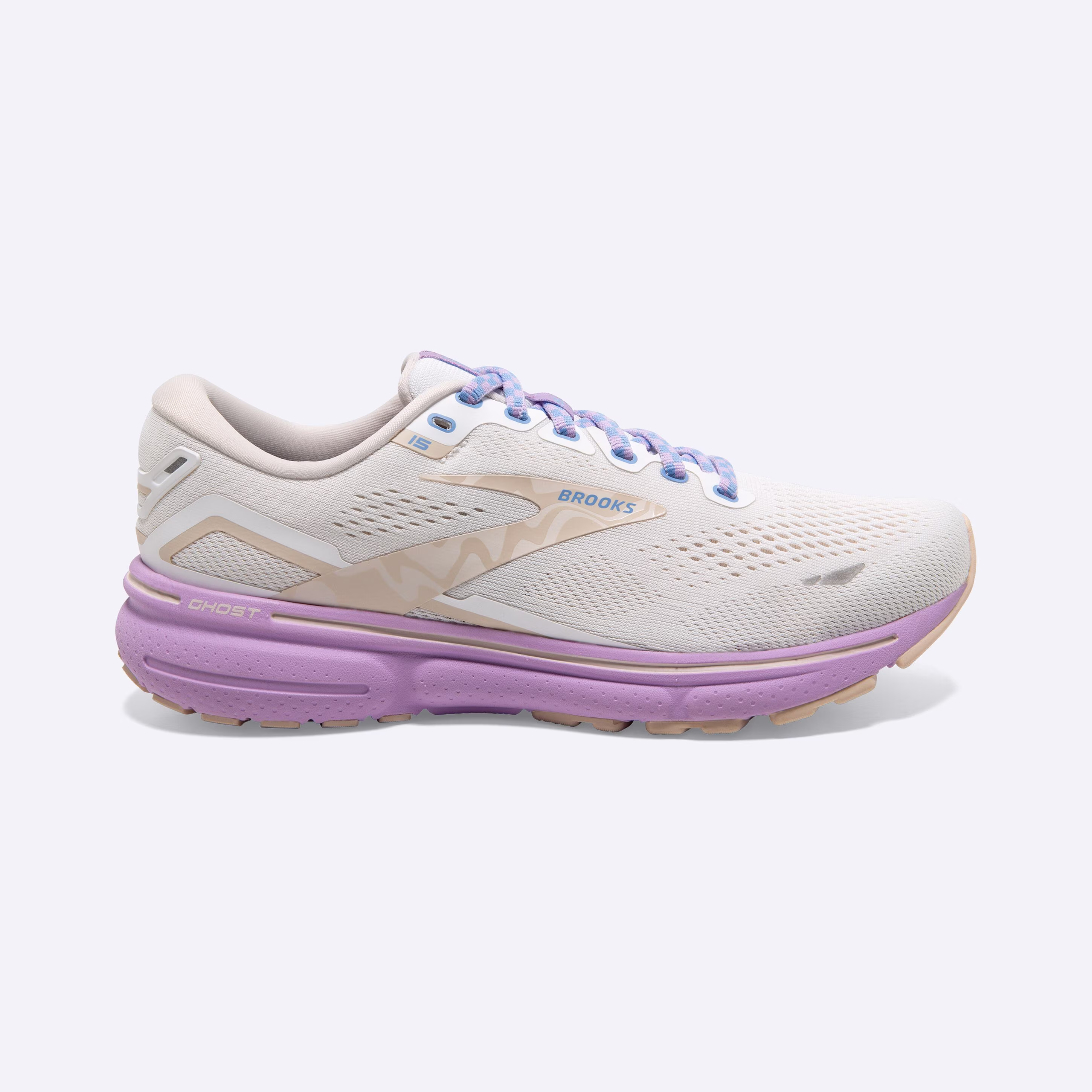 Women's Brooks, Ghost 15 Neutral Running Shoe -- White/Parchment/Lavendula