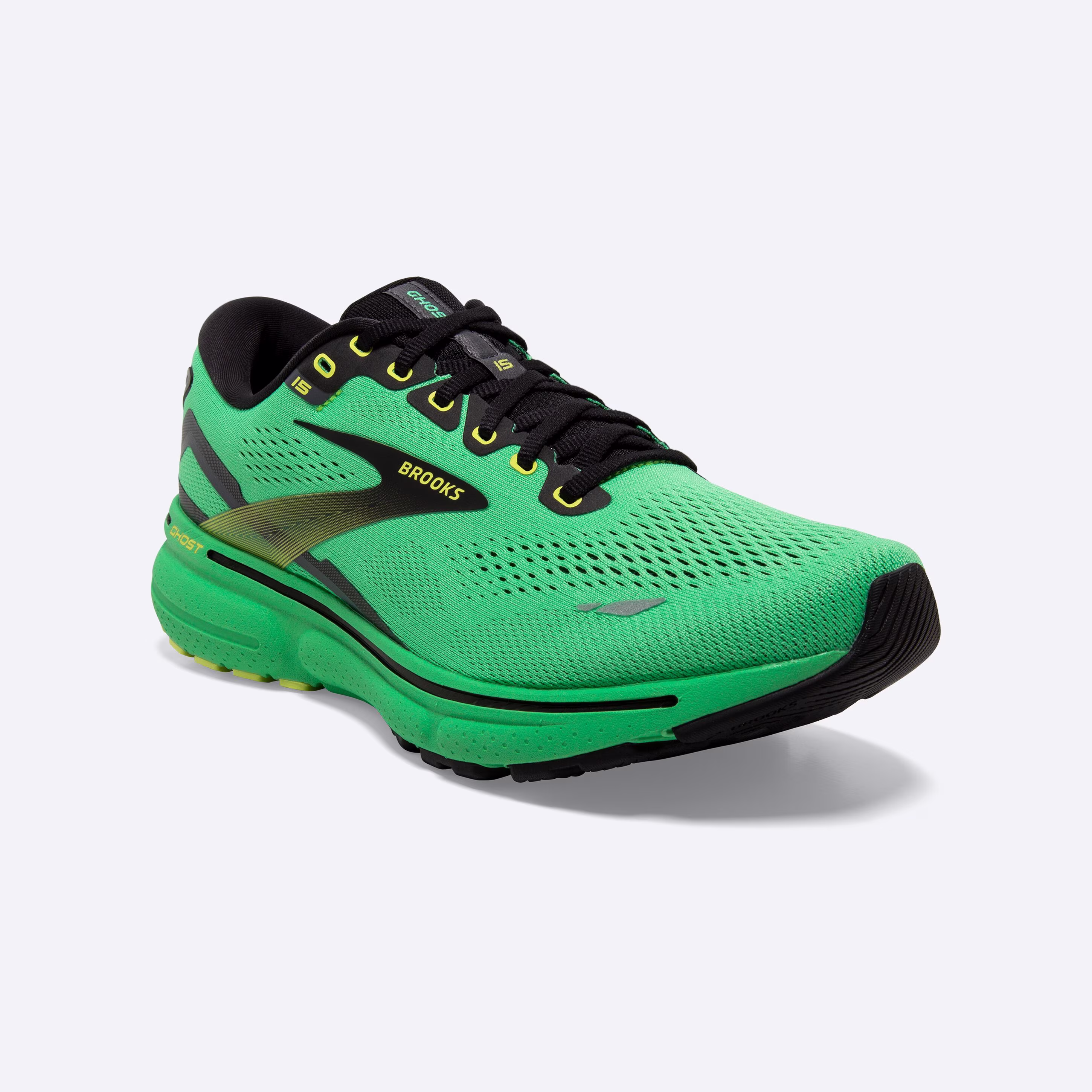 Men's Brooks, Ghost 15 Neutral Running Shoe -- Green/Black/Sharp Green